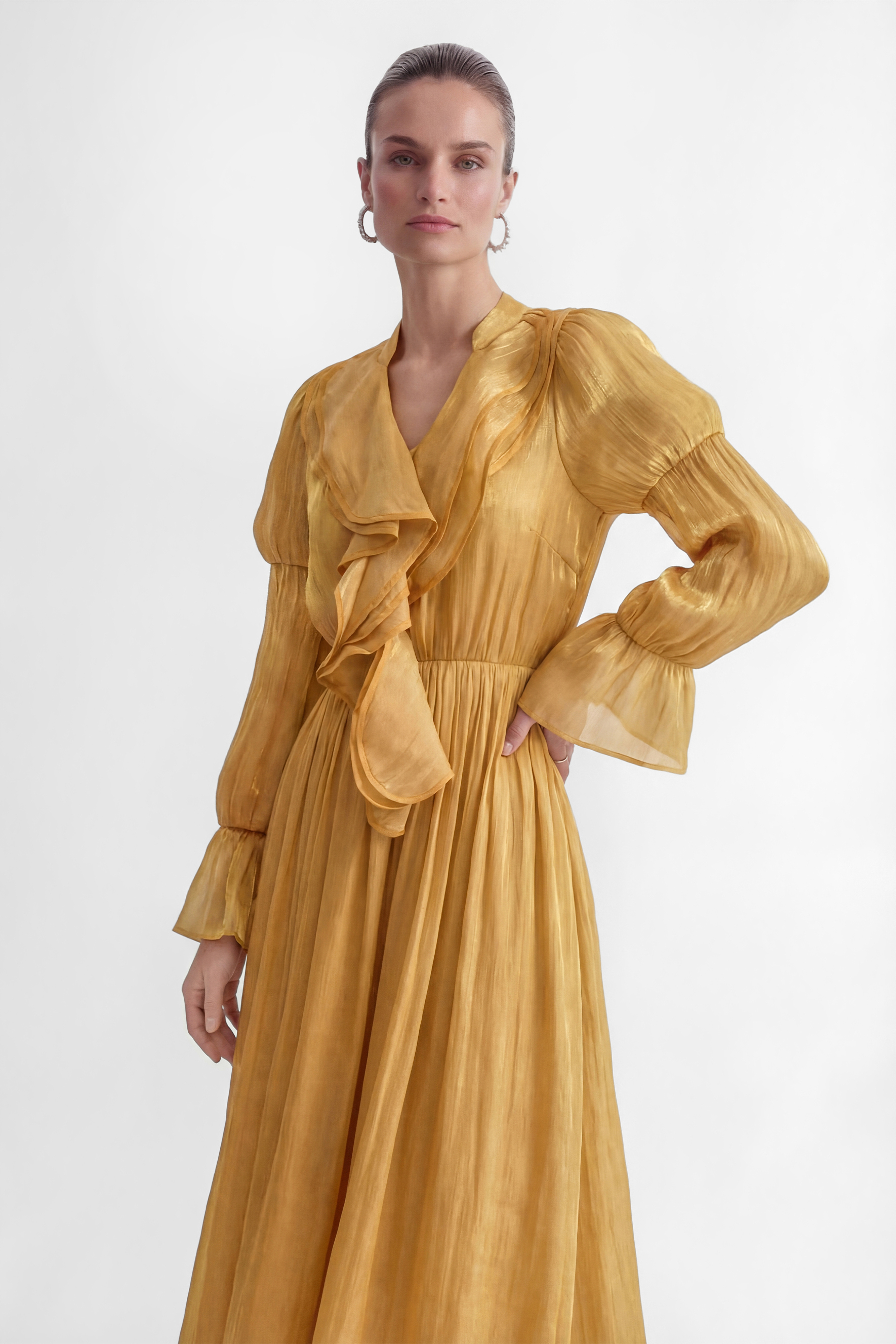 Gorgeous Essence Yellow Ruffled Neckline Flared Sleeve Maxi Dress