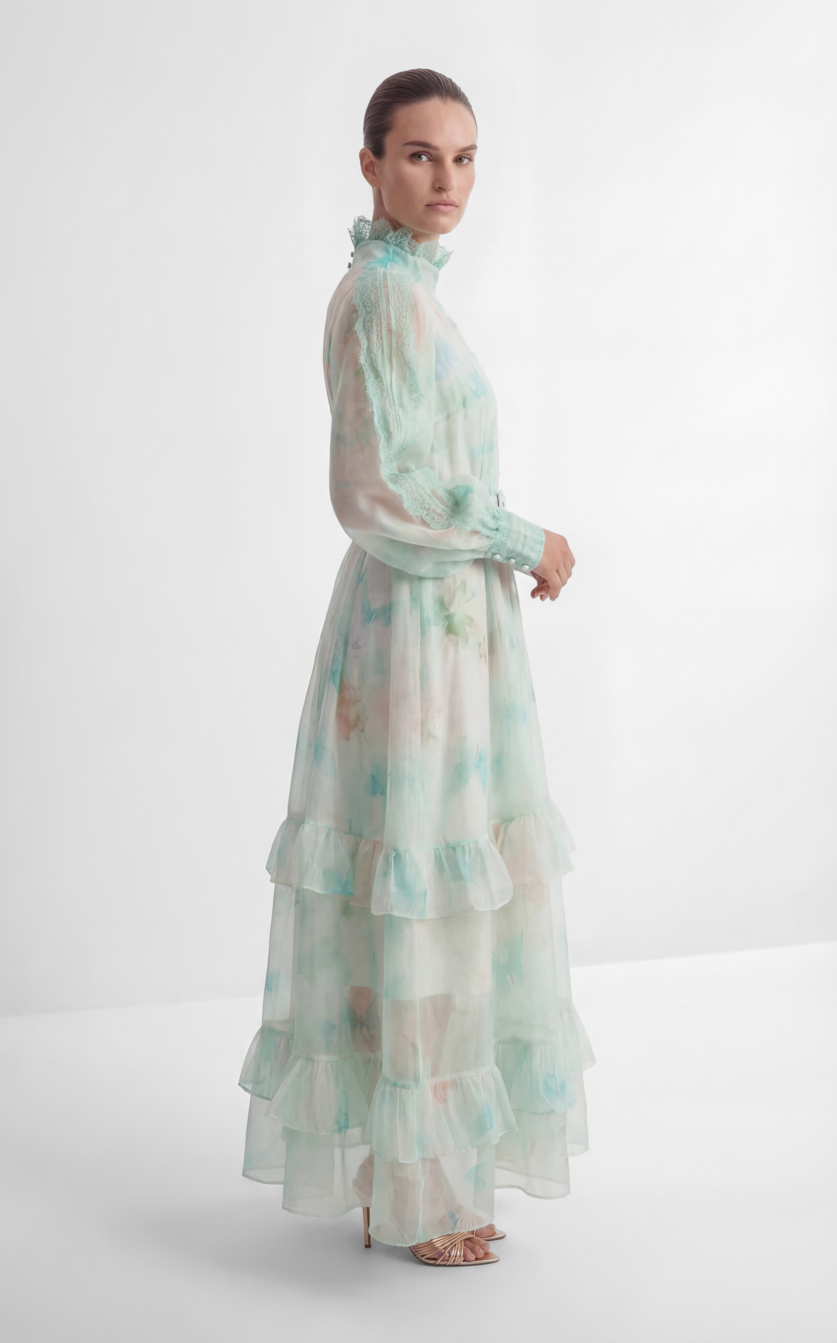 Venus Chartreuse Mint Butterfly Print Tiered Ruffle Maxi Dress