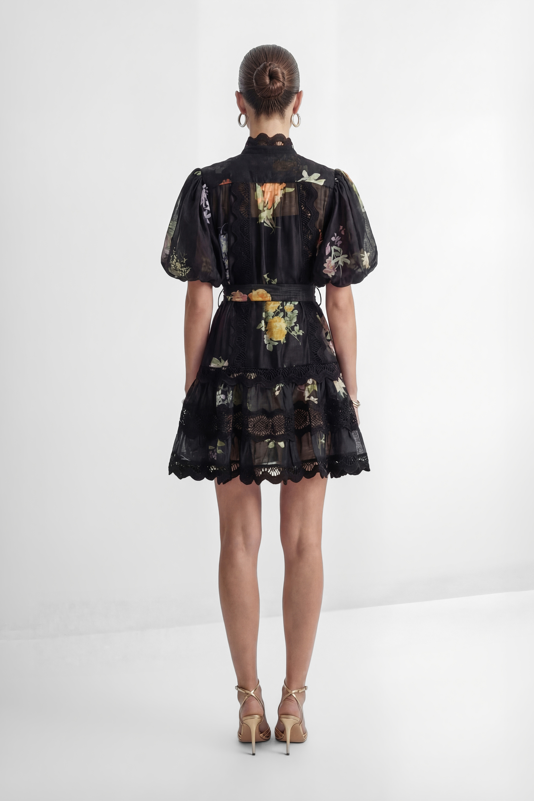 Radiance In The Dark Black Floral Print Lace Trim Mini Dress