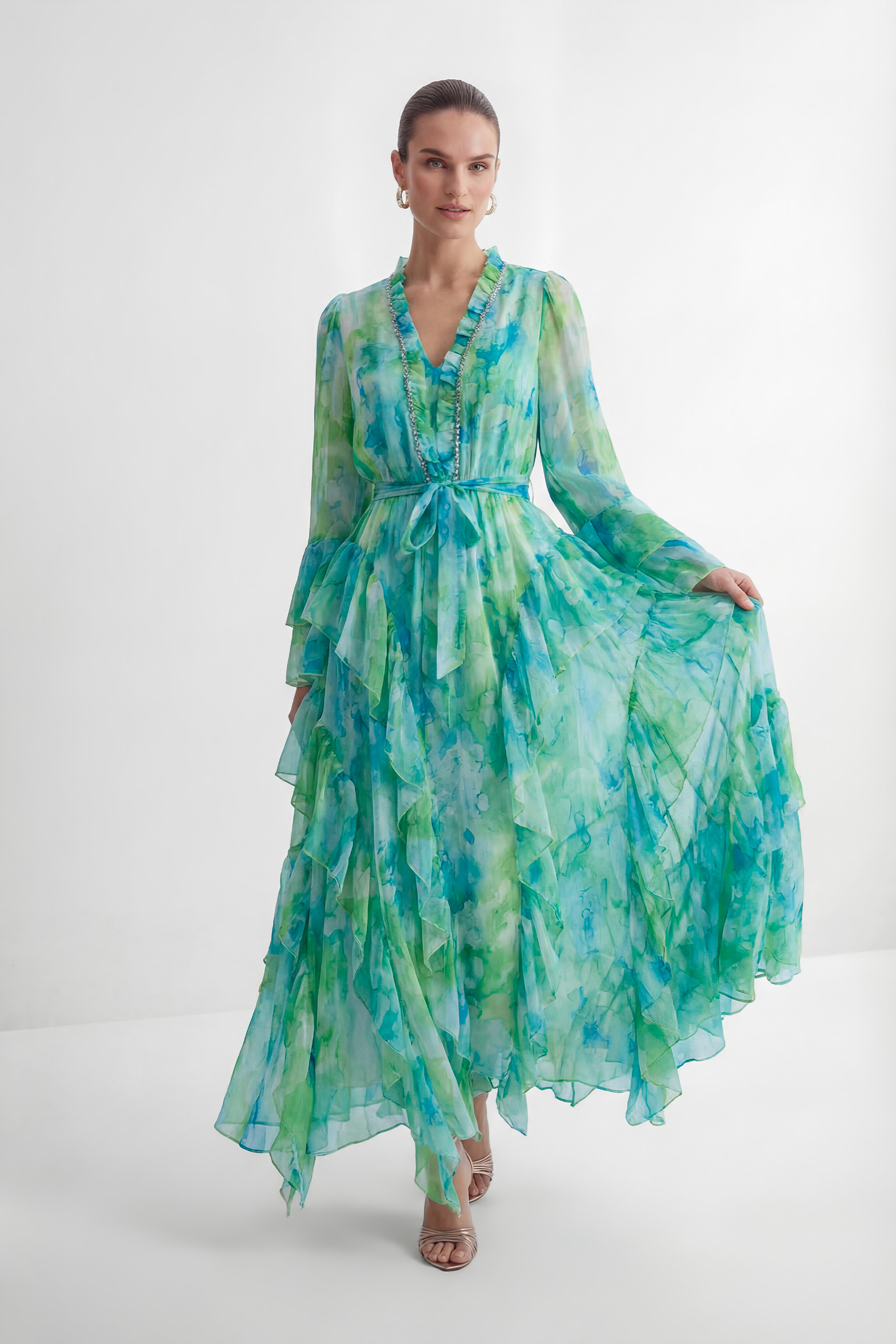 Vibes On Point Mint Green Abstract Print Tiered Ruffle Maxi Dress