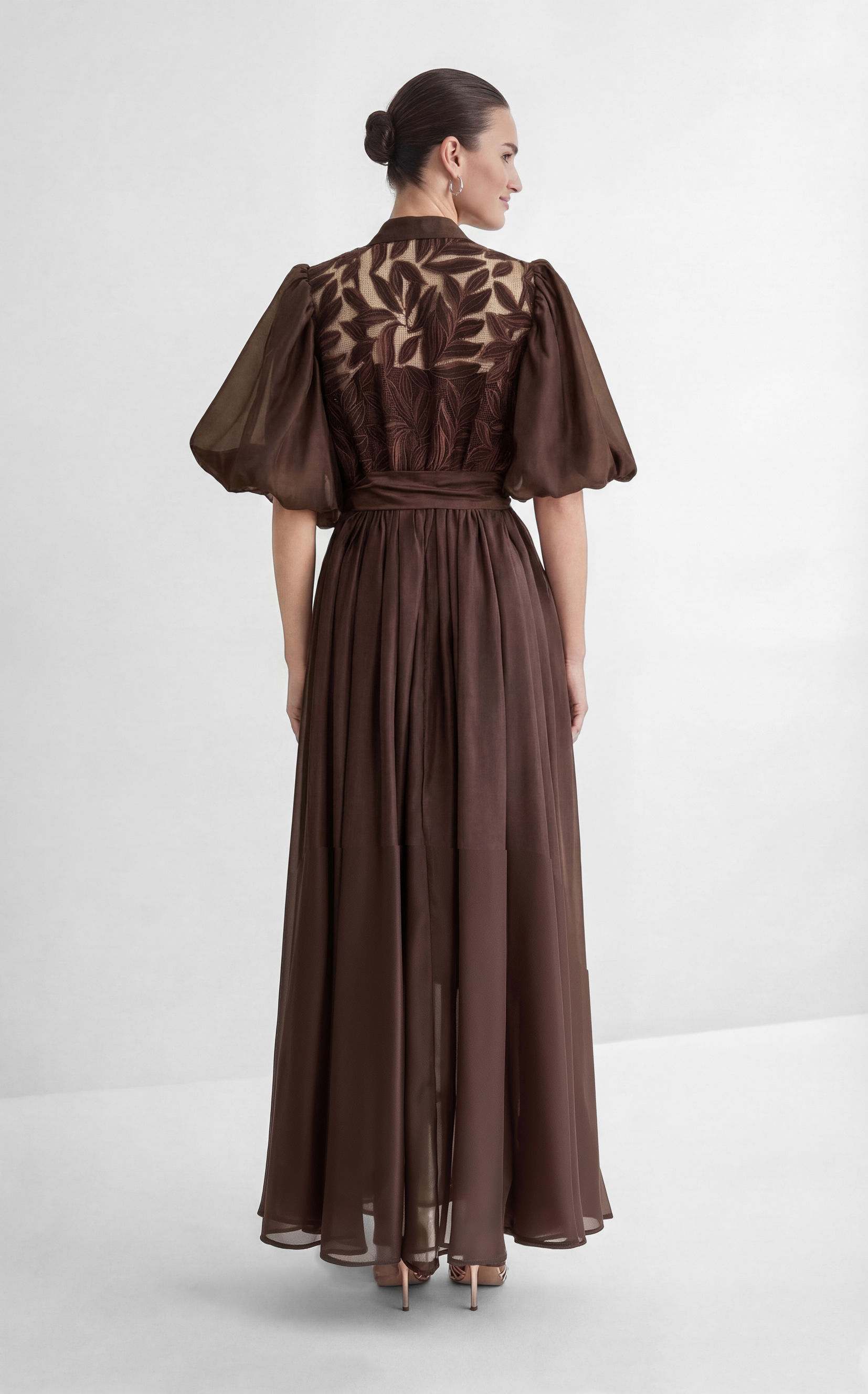 Breezy Wanderings Brown Leaf Embroidered Puff Sleeve Maxi Dress