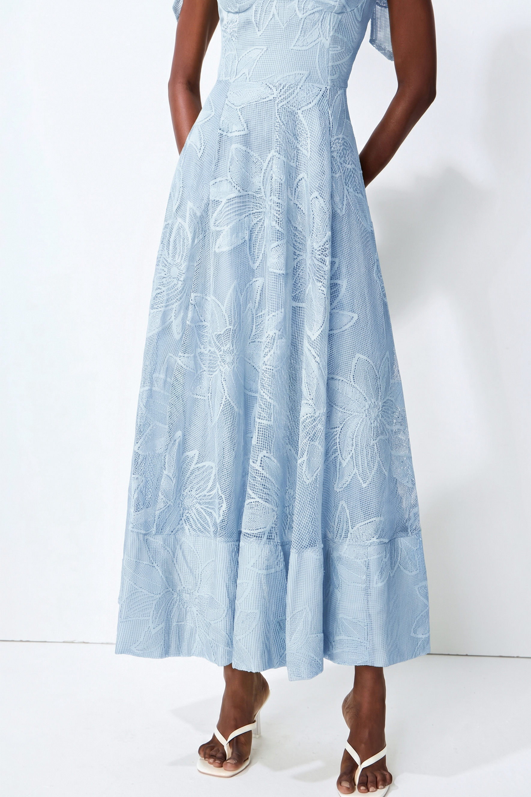 Spring Romance Blue Floral Lace Bow Strap Maxi Dress
