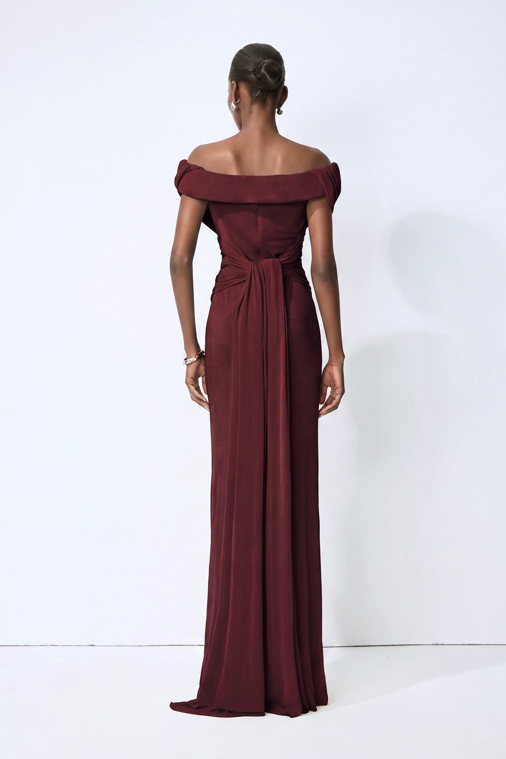 Made to Shine Burgundy Off Shoulder Ruched Maxi Dress