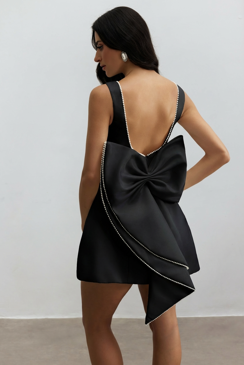 Cecila Bowknot Pearl Backless Mini Dress
