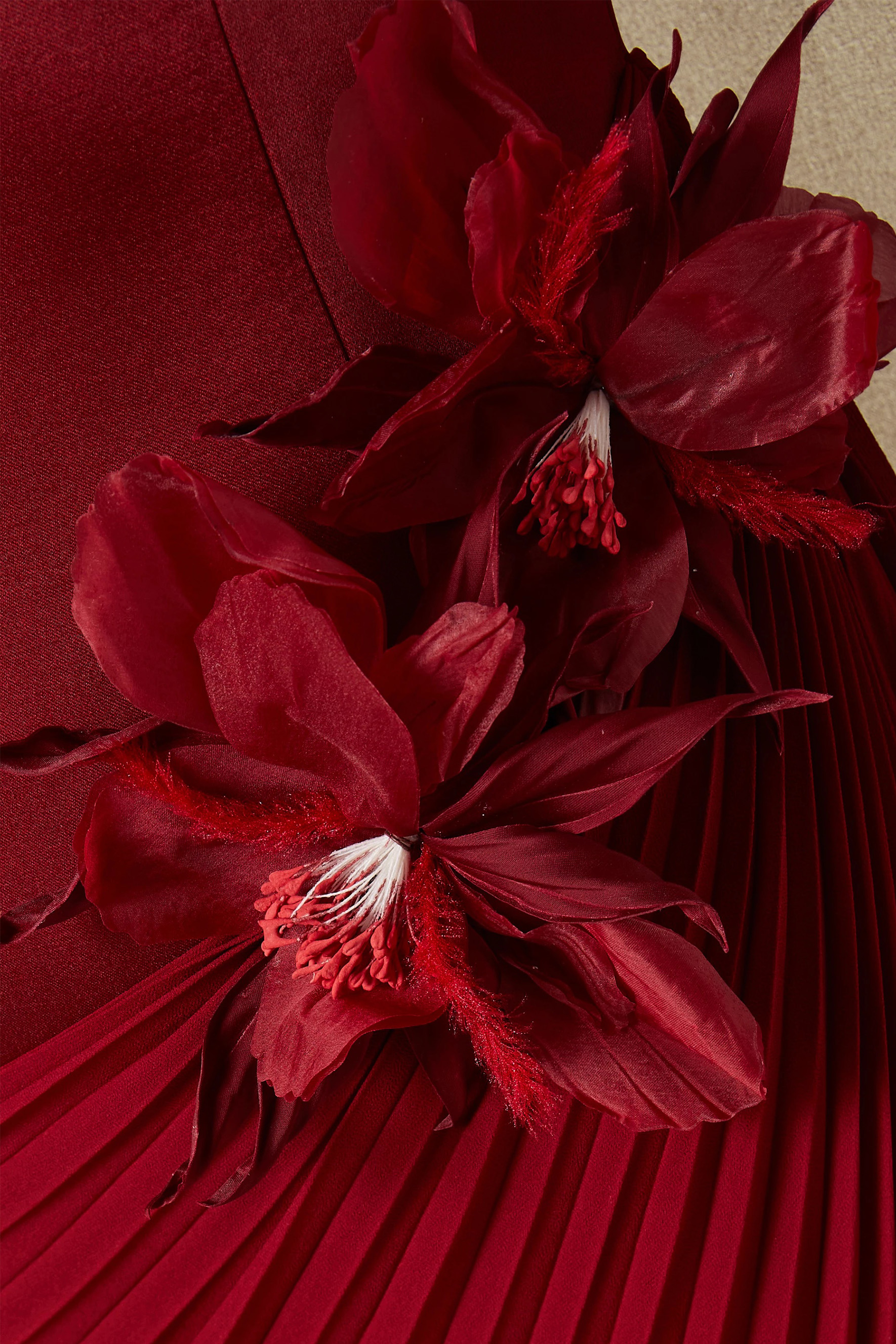 Got The Glam Burgundy Floral Applique Pleated Maxi Dress