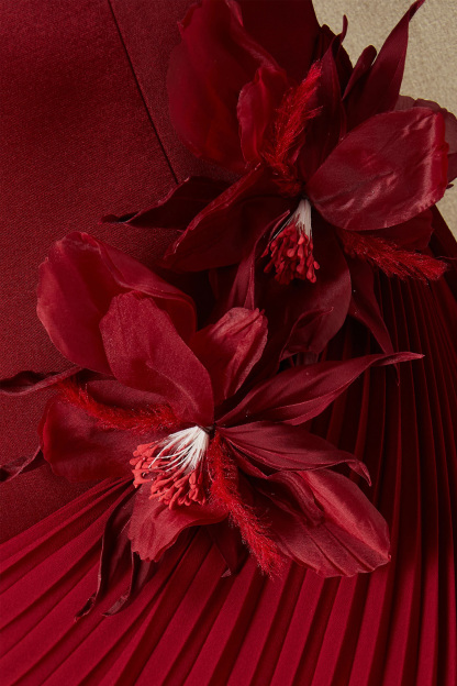 Got The Glam Burgundy Floral Applique Pleated Maxi Dress