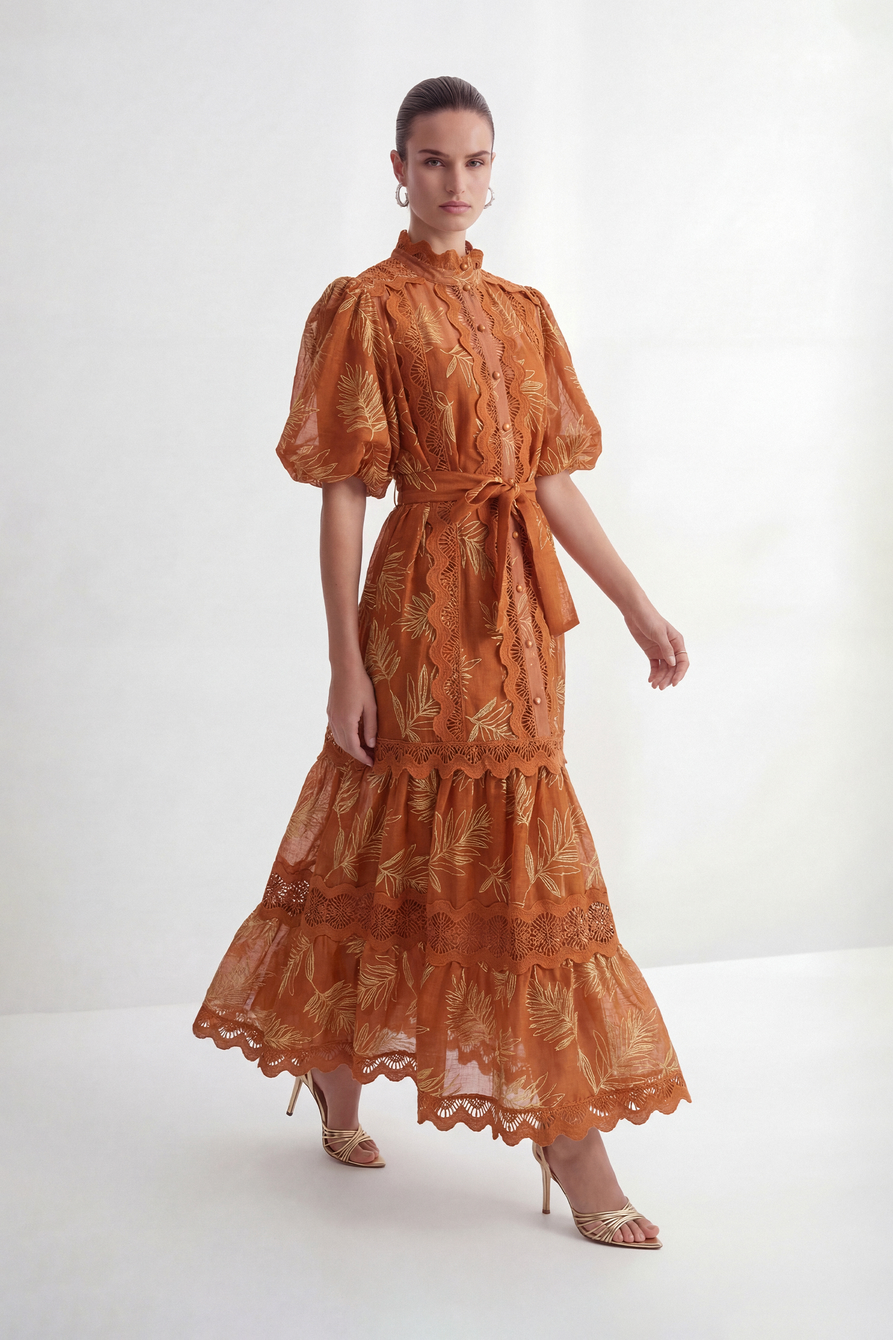 Secret Rendezvous Brown Leaf Embroidered Tiered Maxi Dress