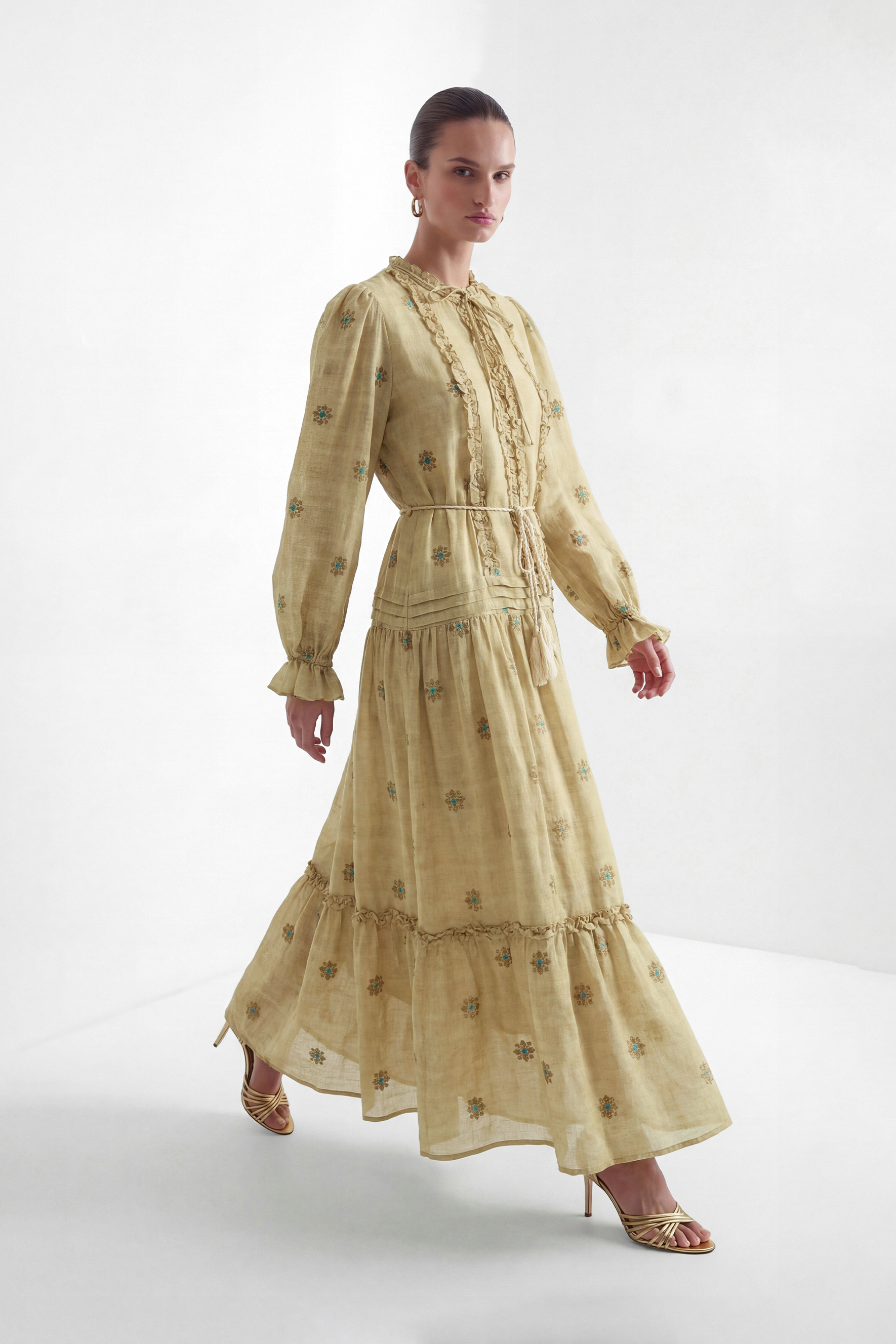 Romantic Affair Khaki Embroidered Floral Tiered Maxi Dress