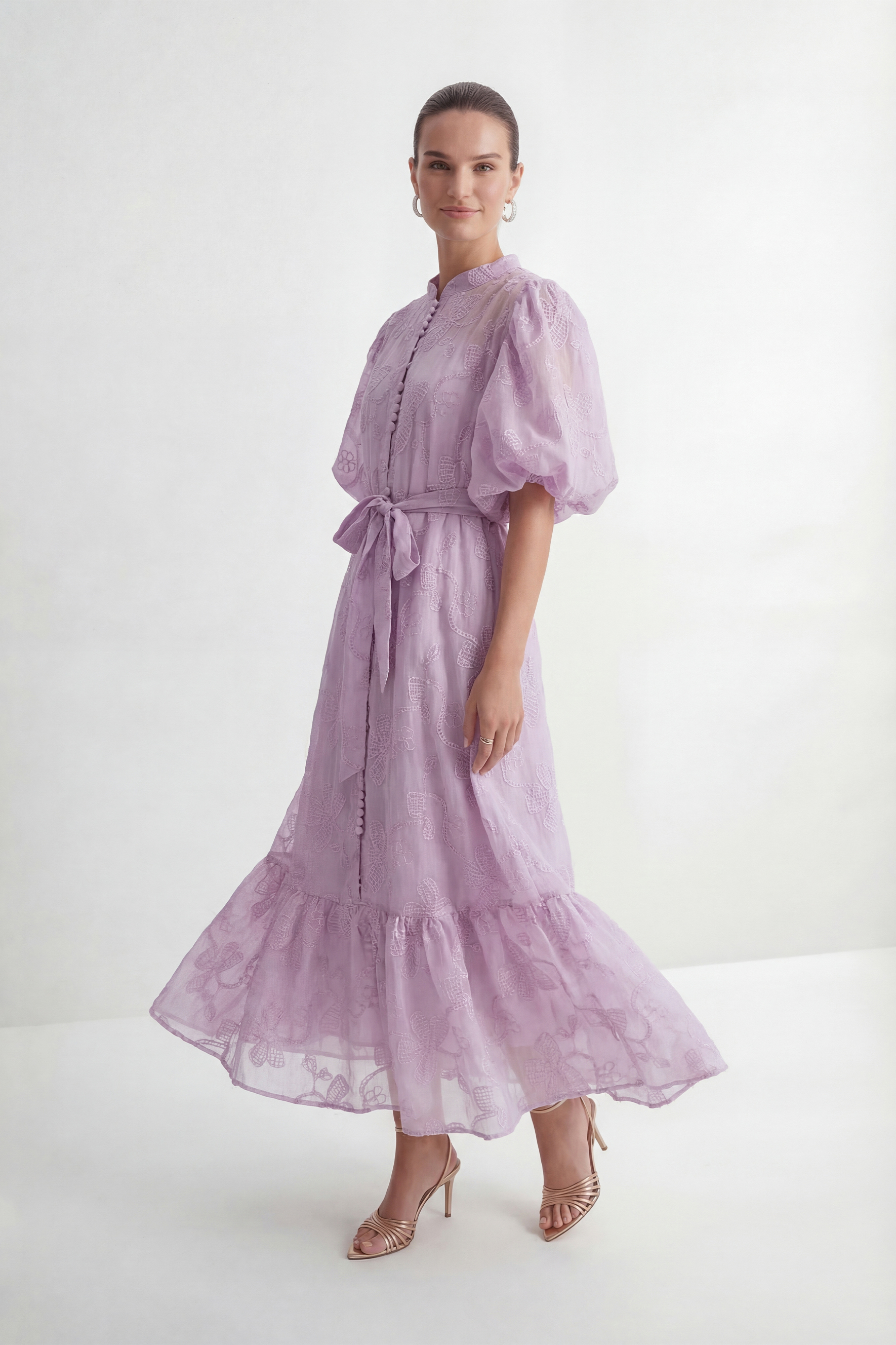 Playfully Posh Lavender Floral Embroidered Tiered Maxi Dress