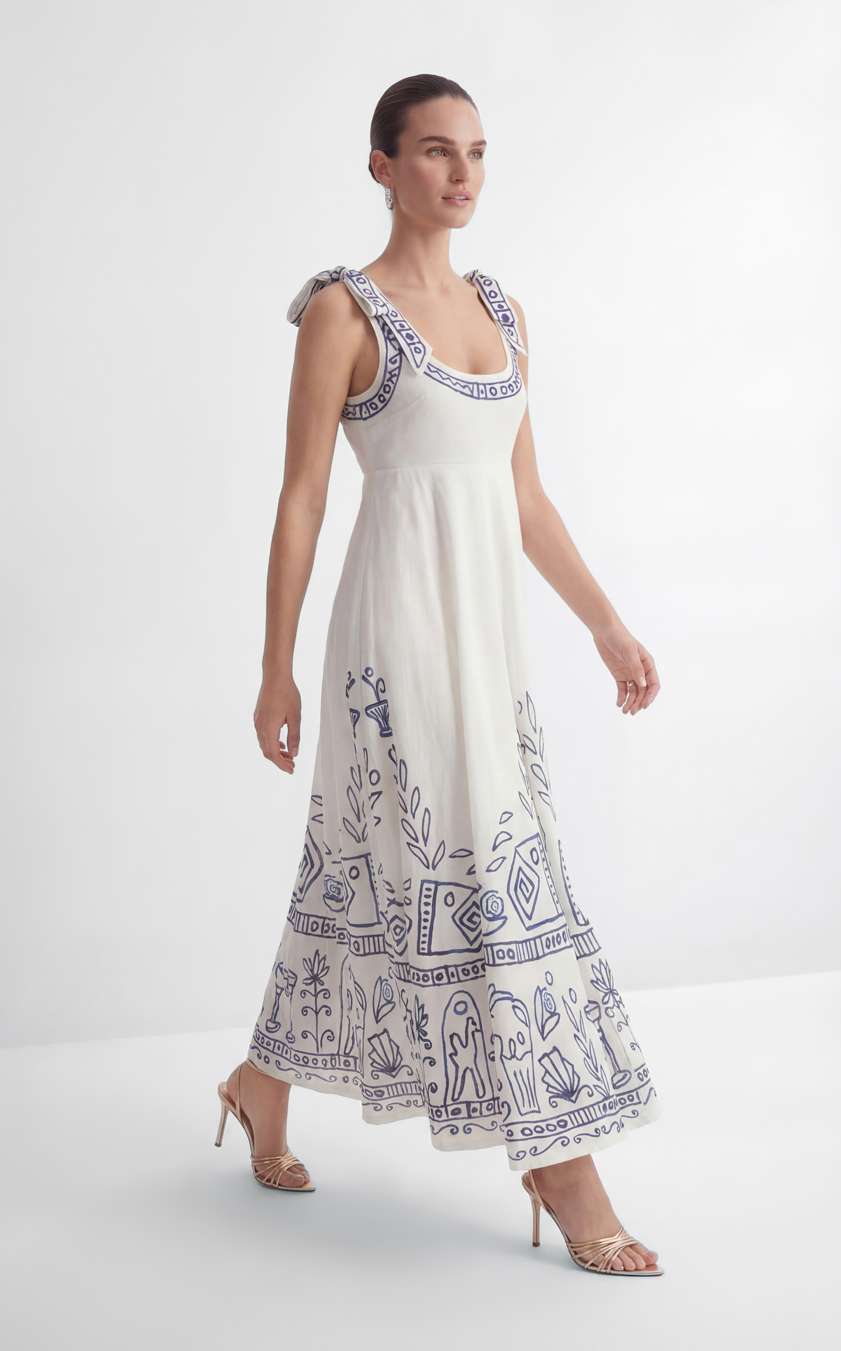 Garden Explorer White Printed Bow Strap Maxi Dress