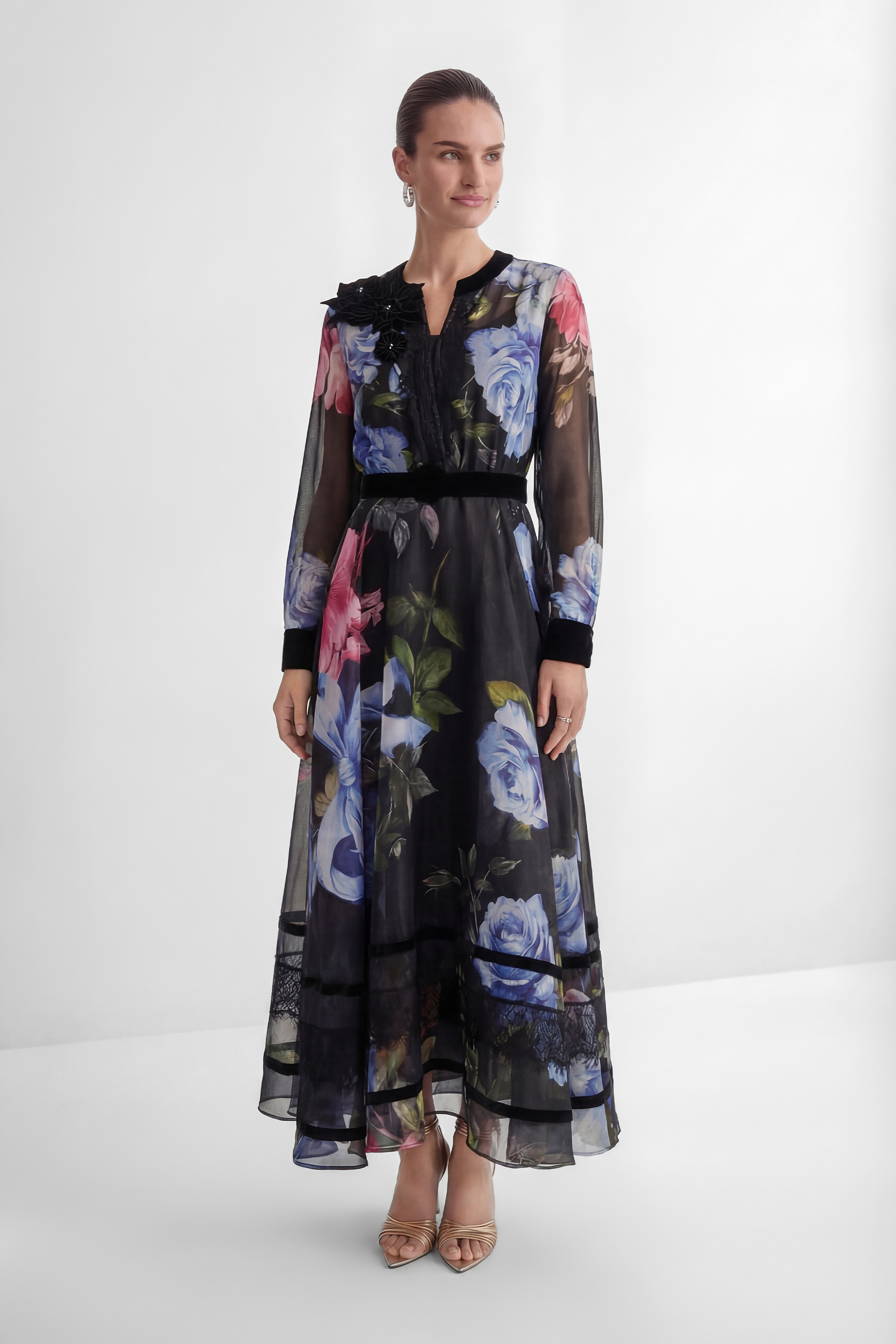 Antique Roses Black Floral Applique Sheer Sleeve Maxi Dress