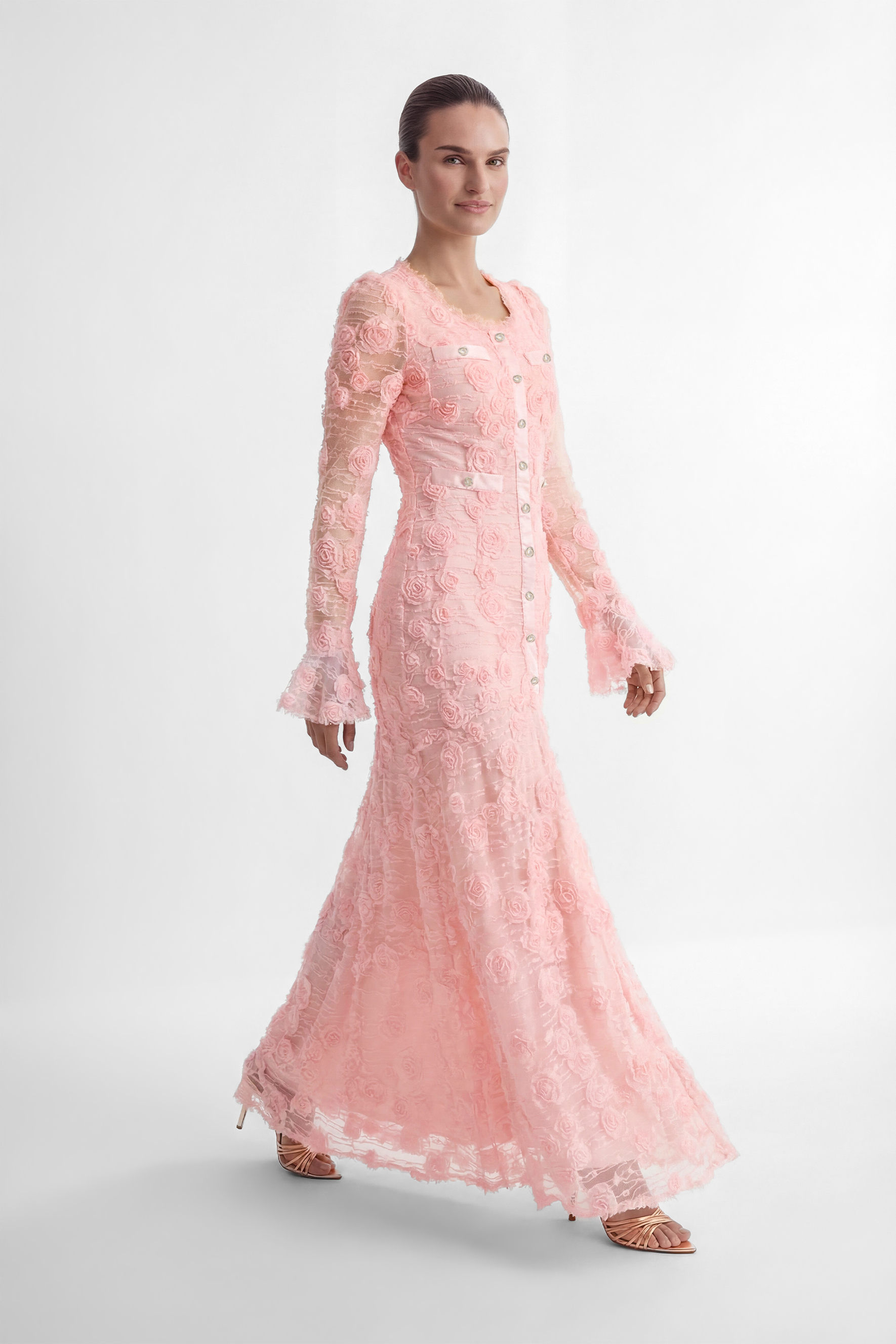 Grace and Beauty Pink Rose Applique Maxi Dress