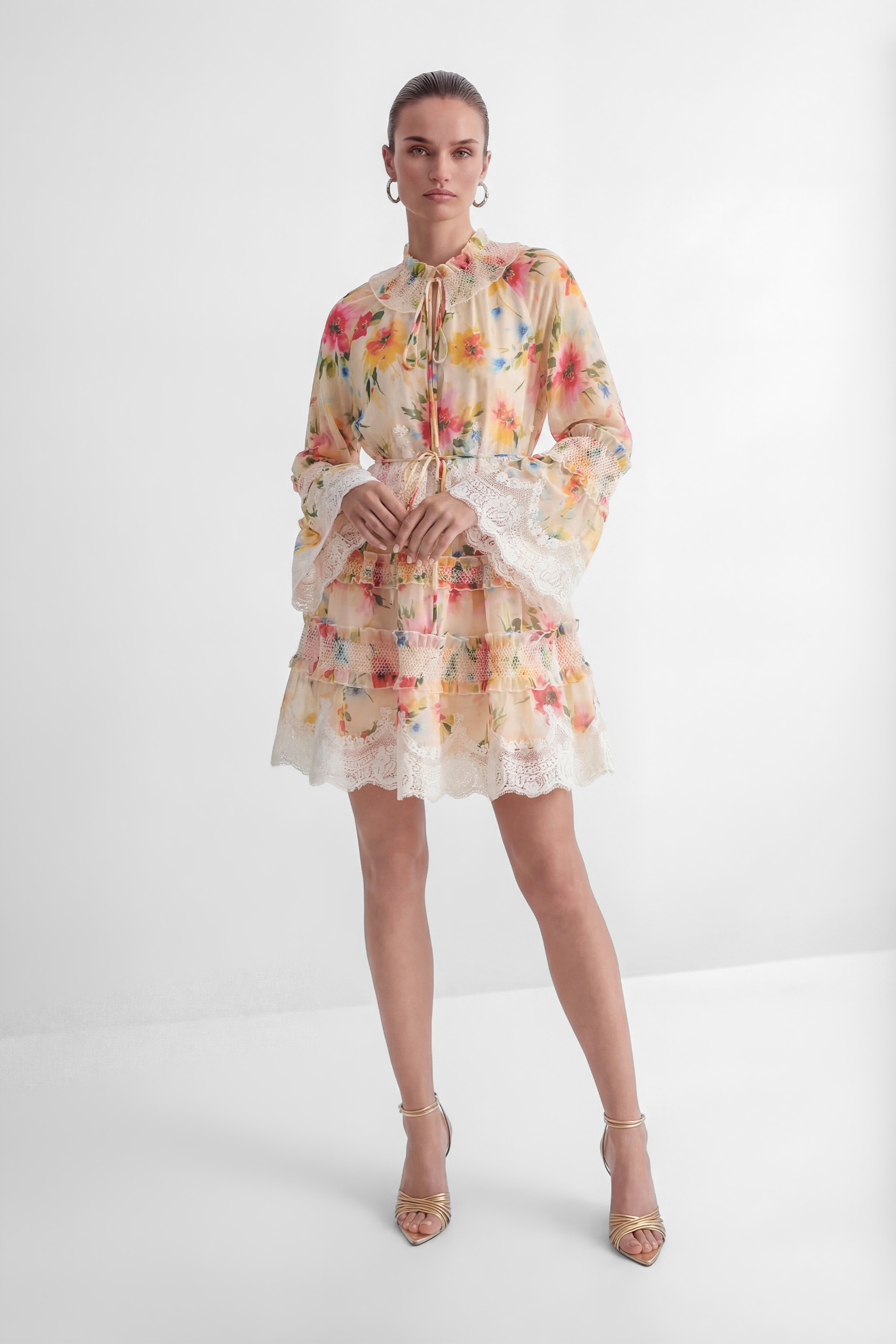 Soft Embrace Multi Floral Print Lace Trim Mini Dress