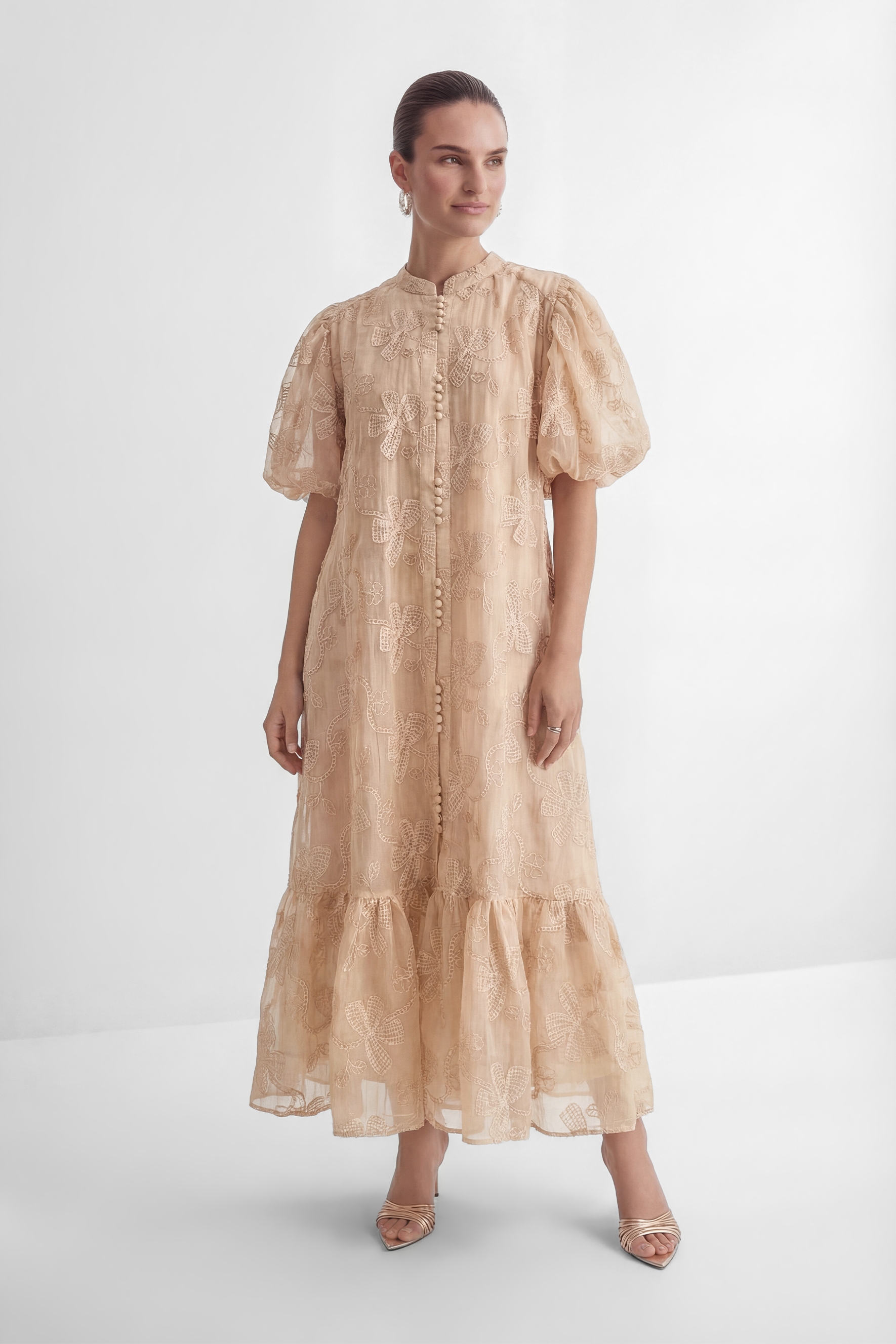 Always Remarkable Beige Floral Embroidery Puff Sleeve Maxi Dress