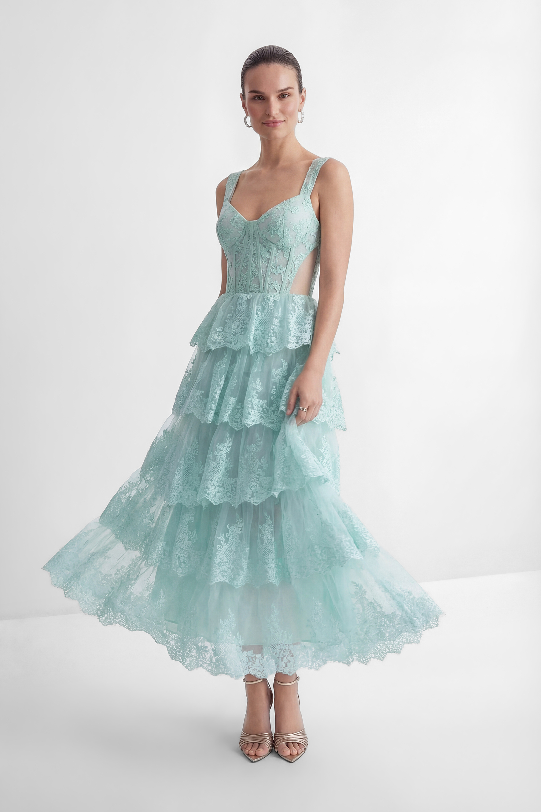 Sweetest Behavior Mint Green Lace Tiered Corset Maxi Dress