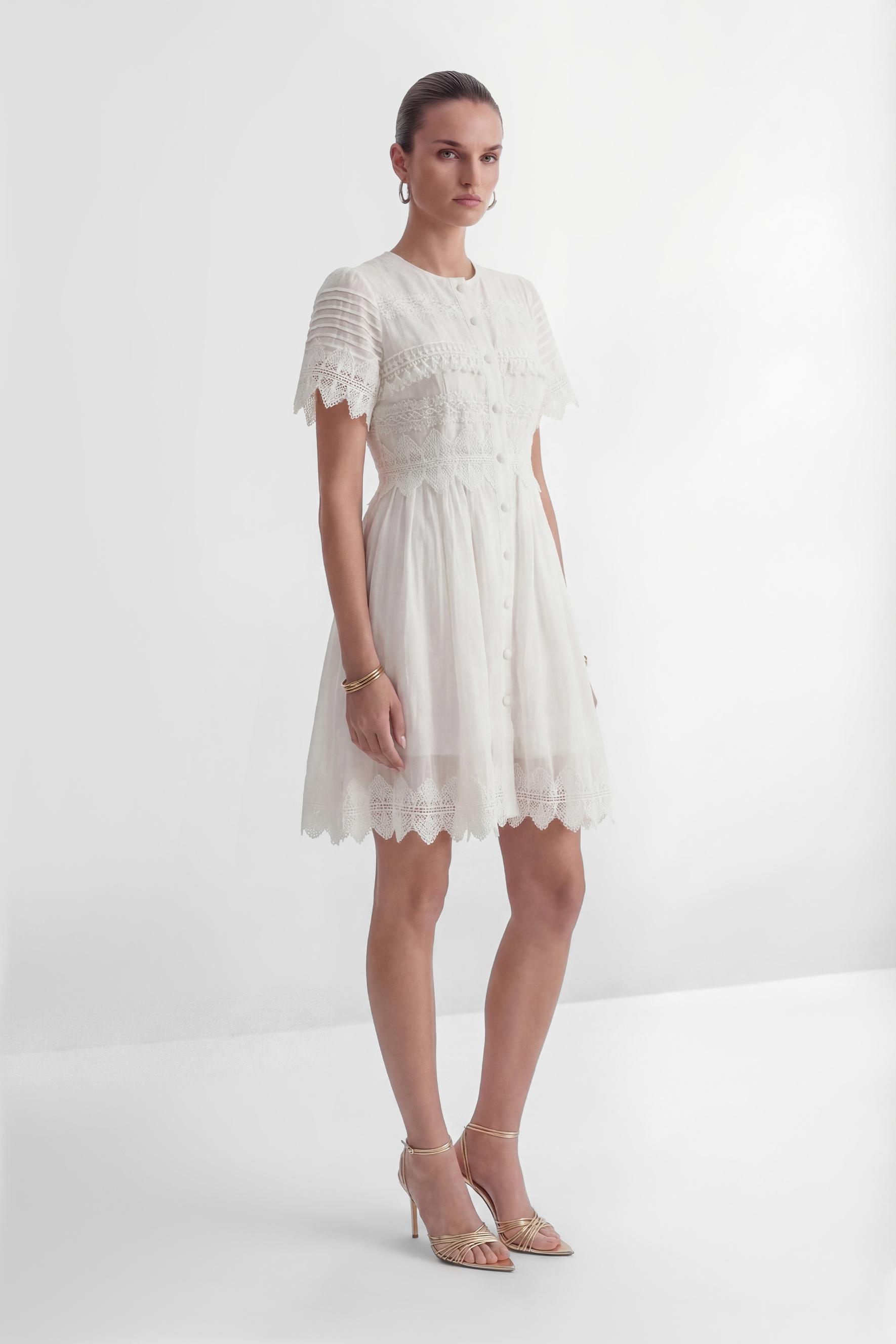 City Of Angels White Lace Embellished Short Sleeve Mini Dress