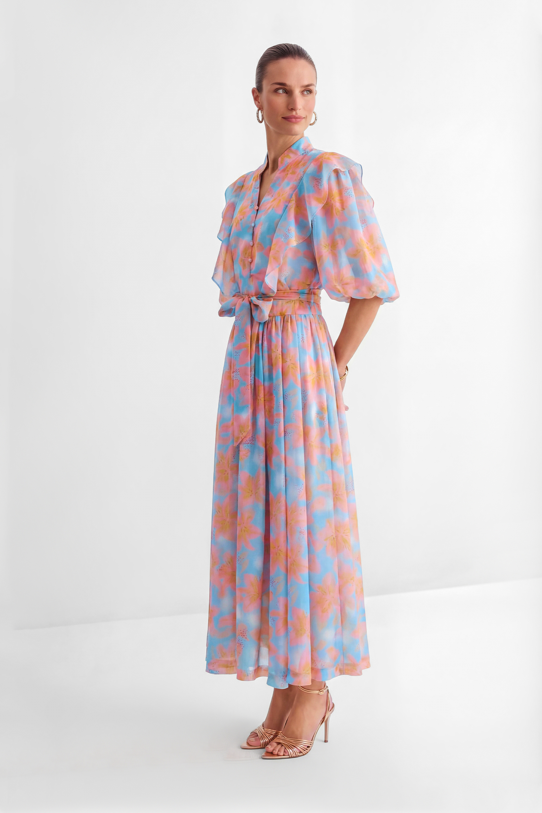 Every Sunny Moment Blue Floral Print Ruffled Maxi Dress