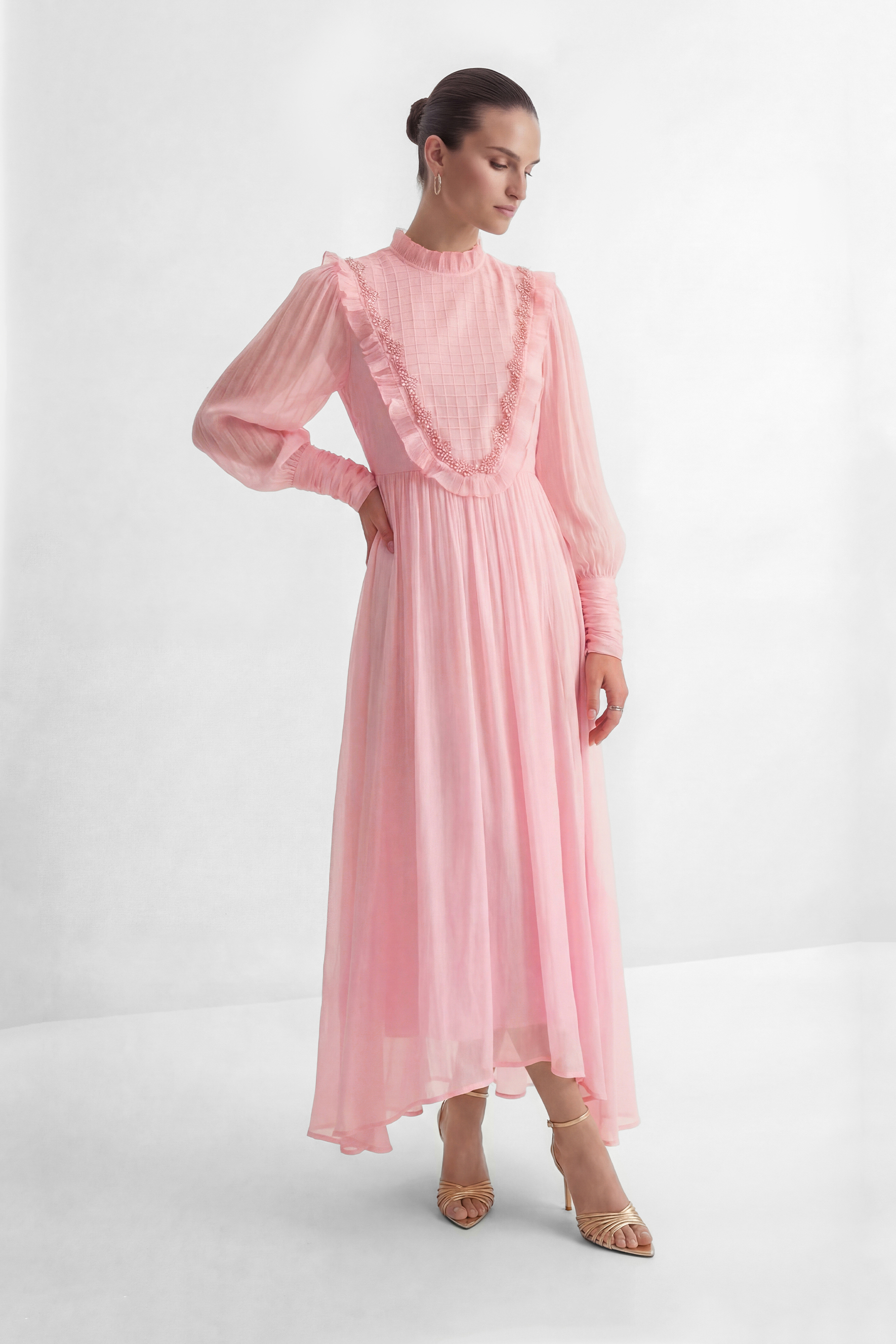 Wanna Know Your Name Pink Beaded Ruffle Trim Maxi Dress