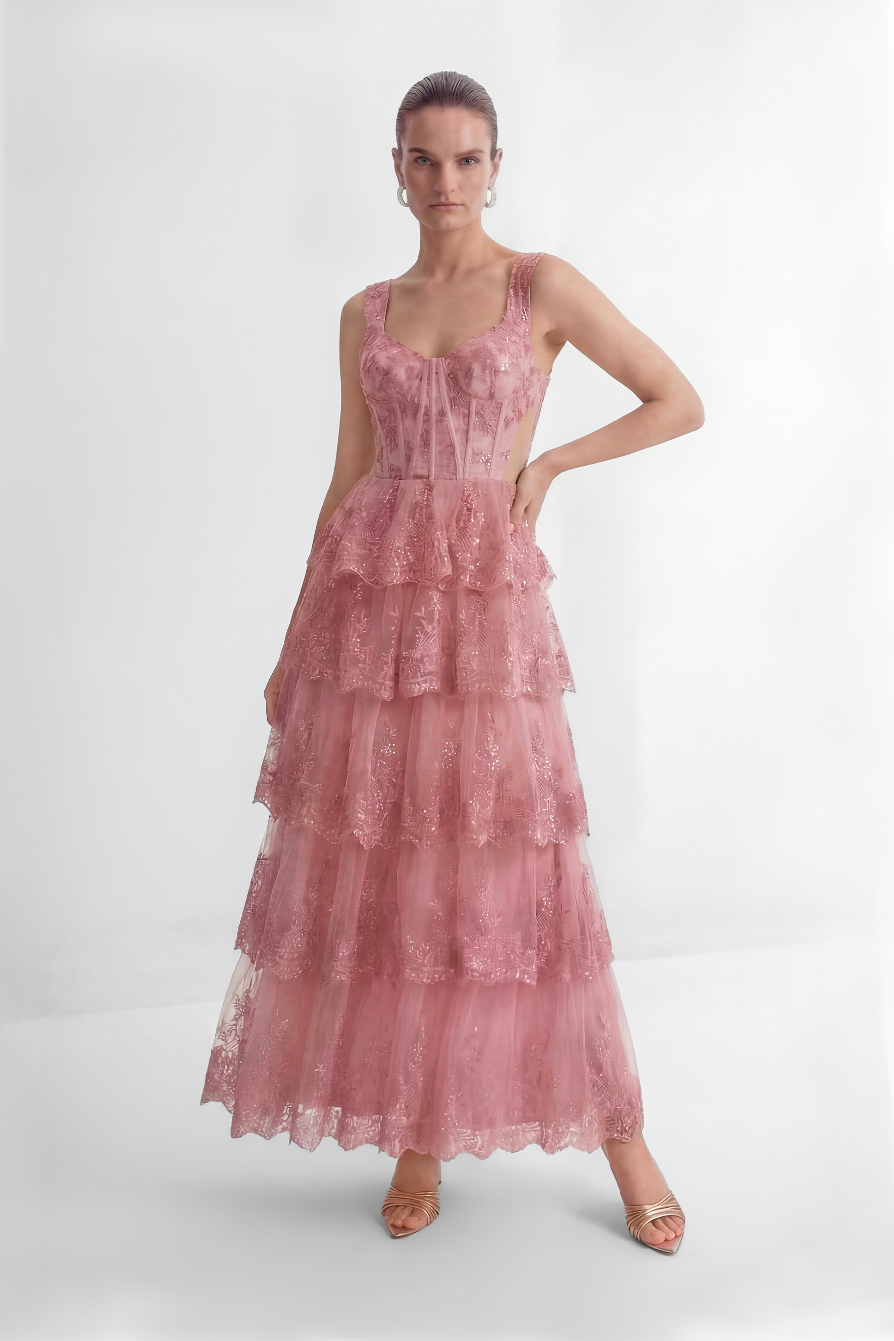 Close To Your Heart Pink Lace Corset Tiered Maxi Dress