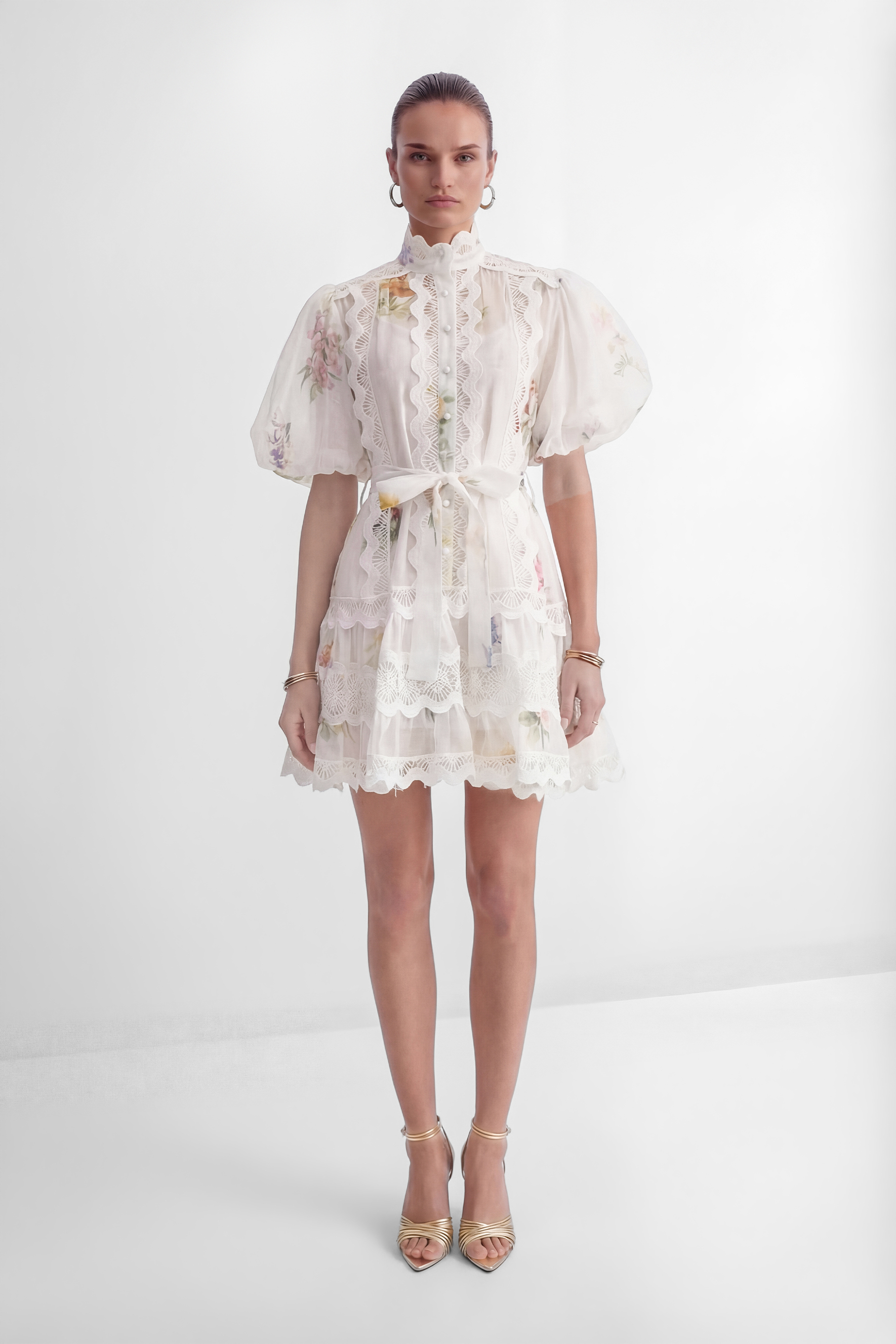 Whimsical Beauty Cream White Floral Print Lace Trim Mini Dress