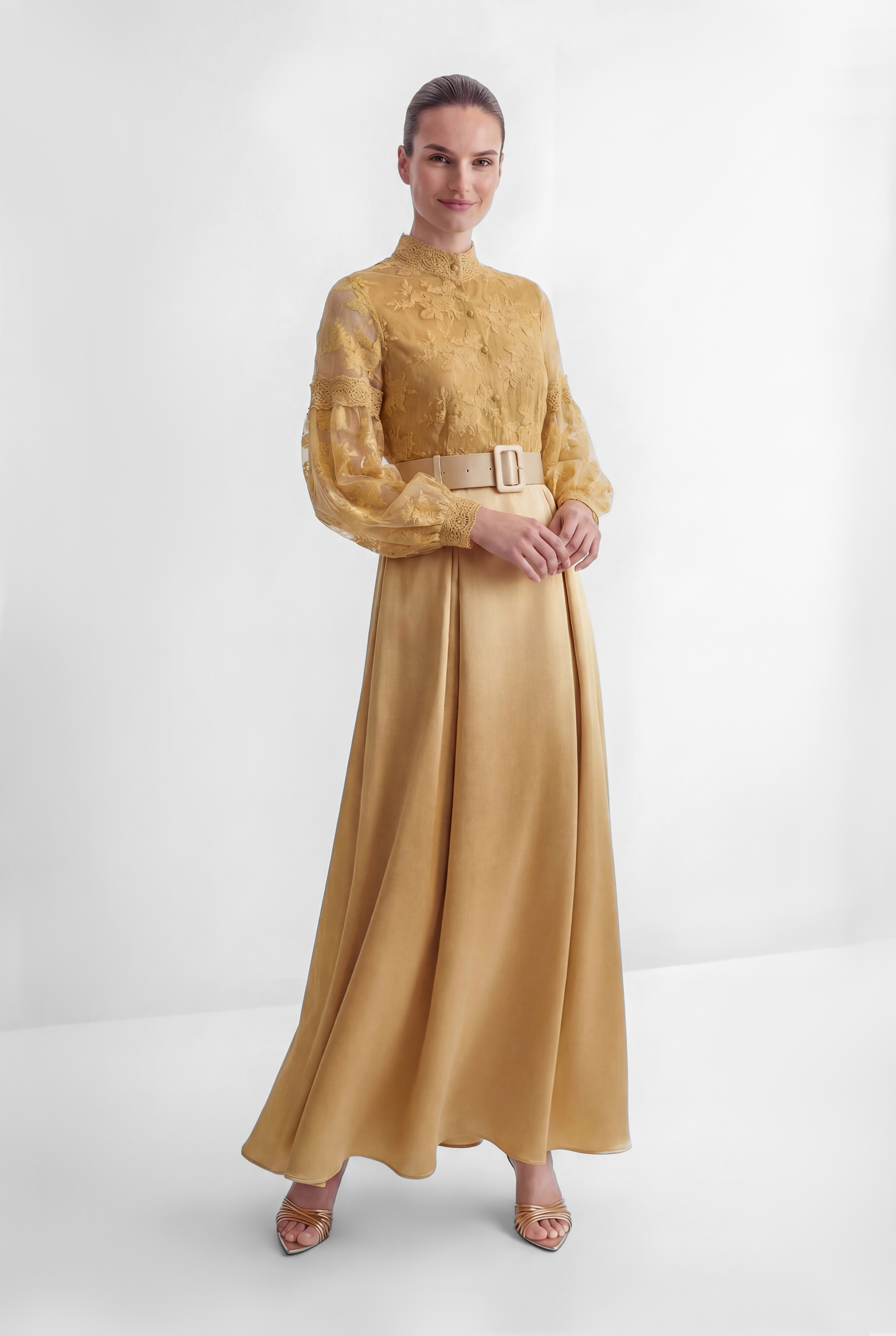 Perfectly Flirtatious Yellow Sheer Lace Sleeve Maxi Dress