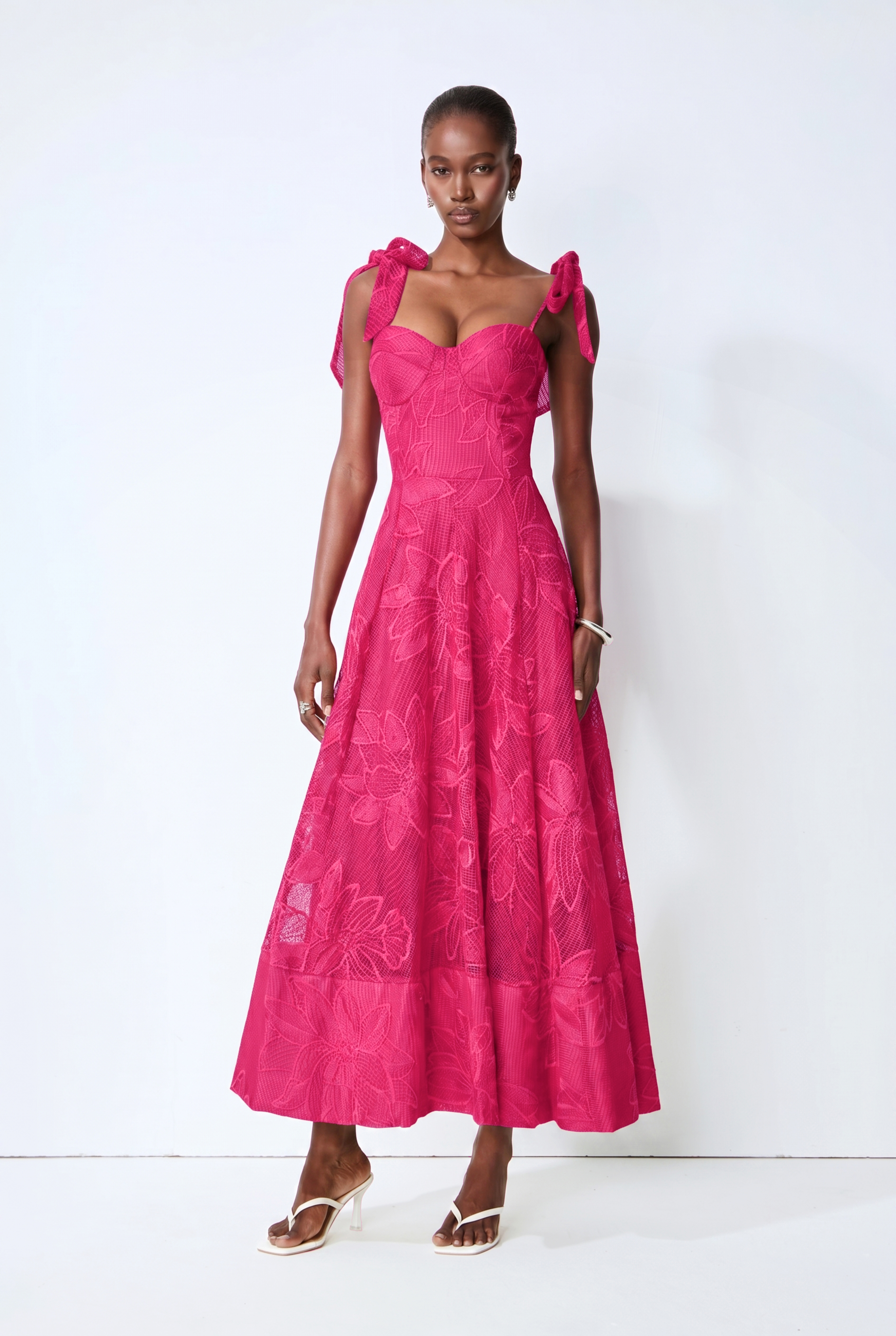 Spring Romance Hot Pink Floral Lace Bow Strap Maxi Dress