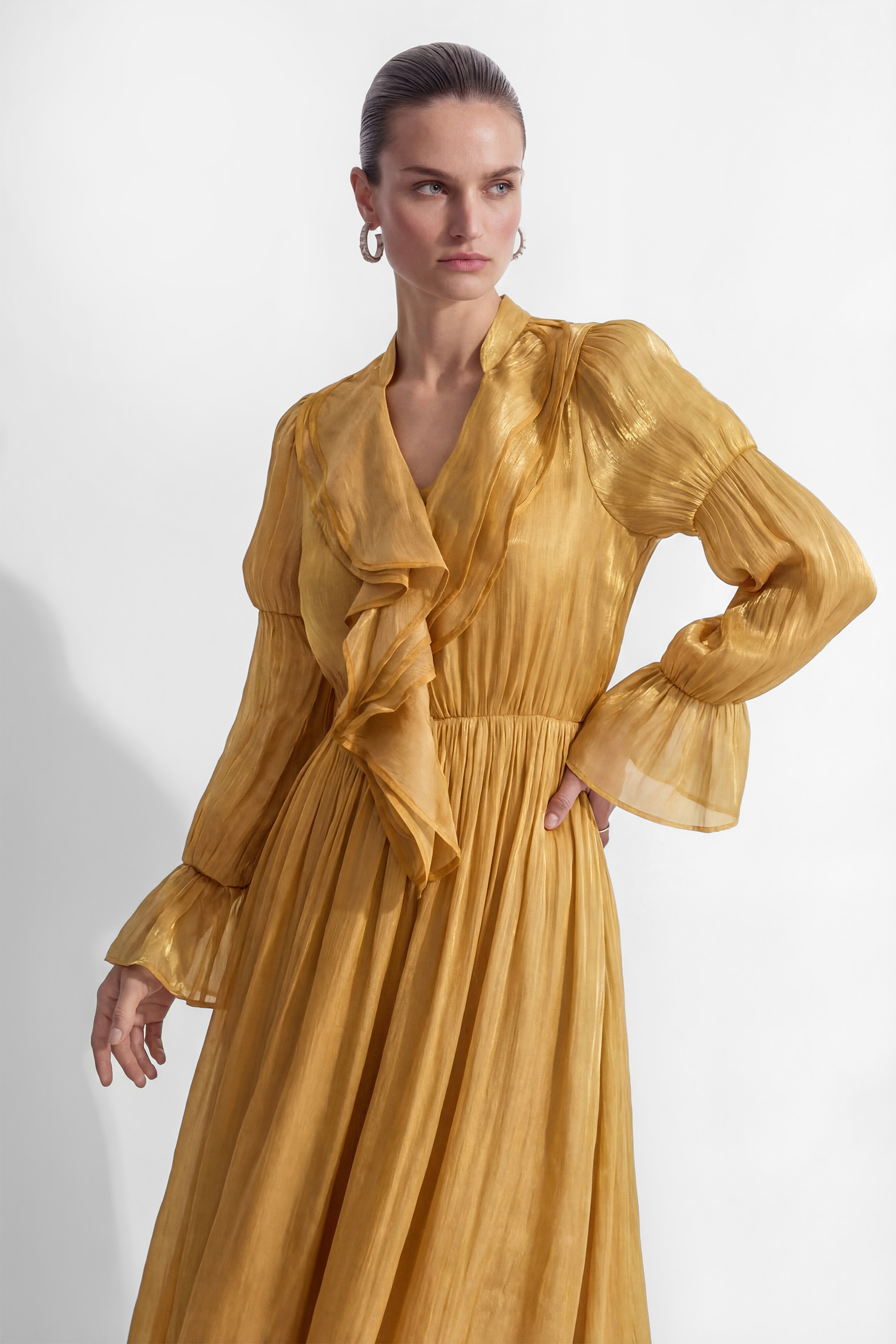 Gorgeous Essence Yellow Ruffled Neckline Flared Sleeve Maxi Dress