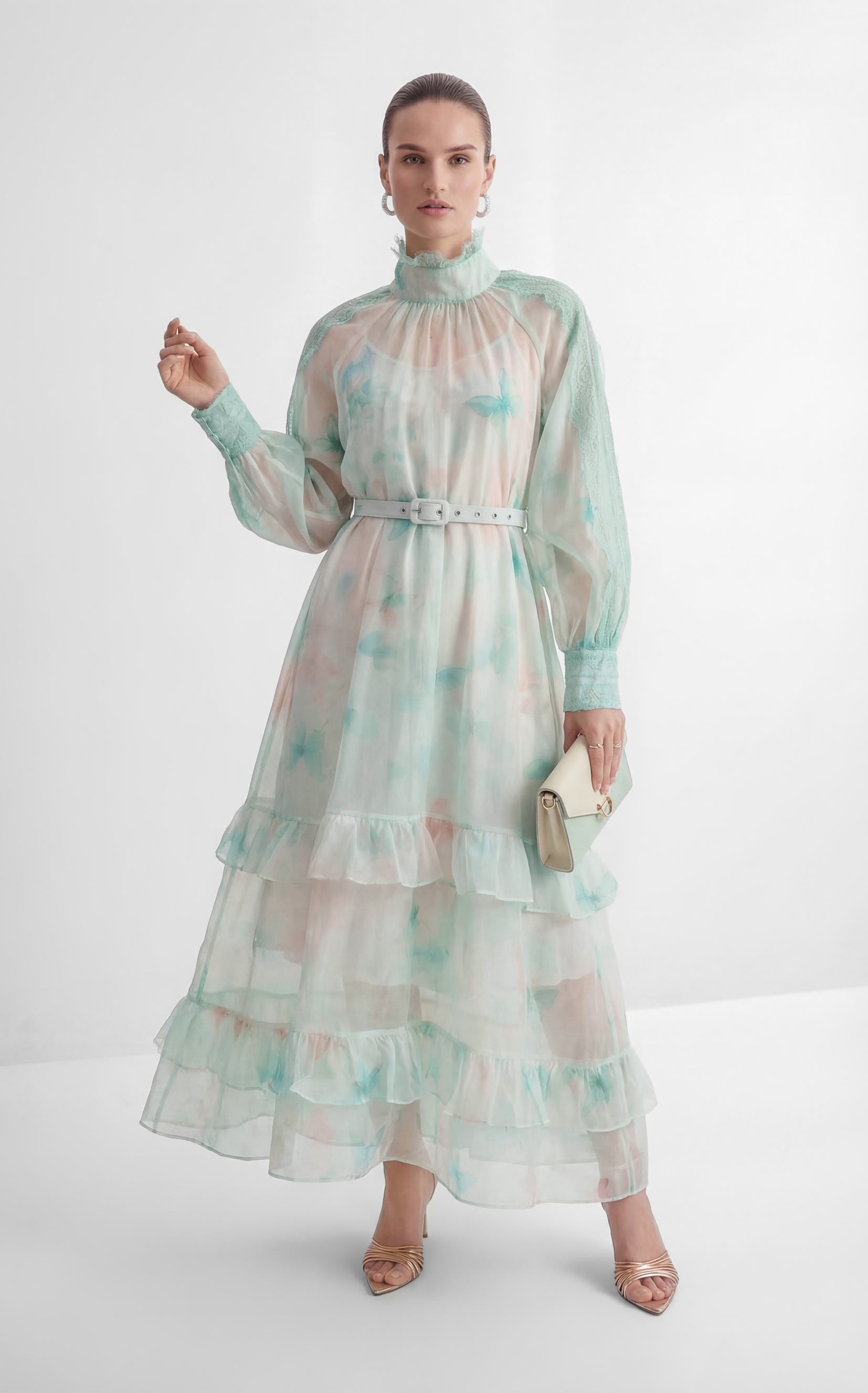 Venus Chartreuse Mint Butterfly Print Tiered Ruffle Maxi Dress