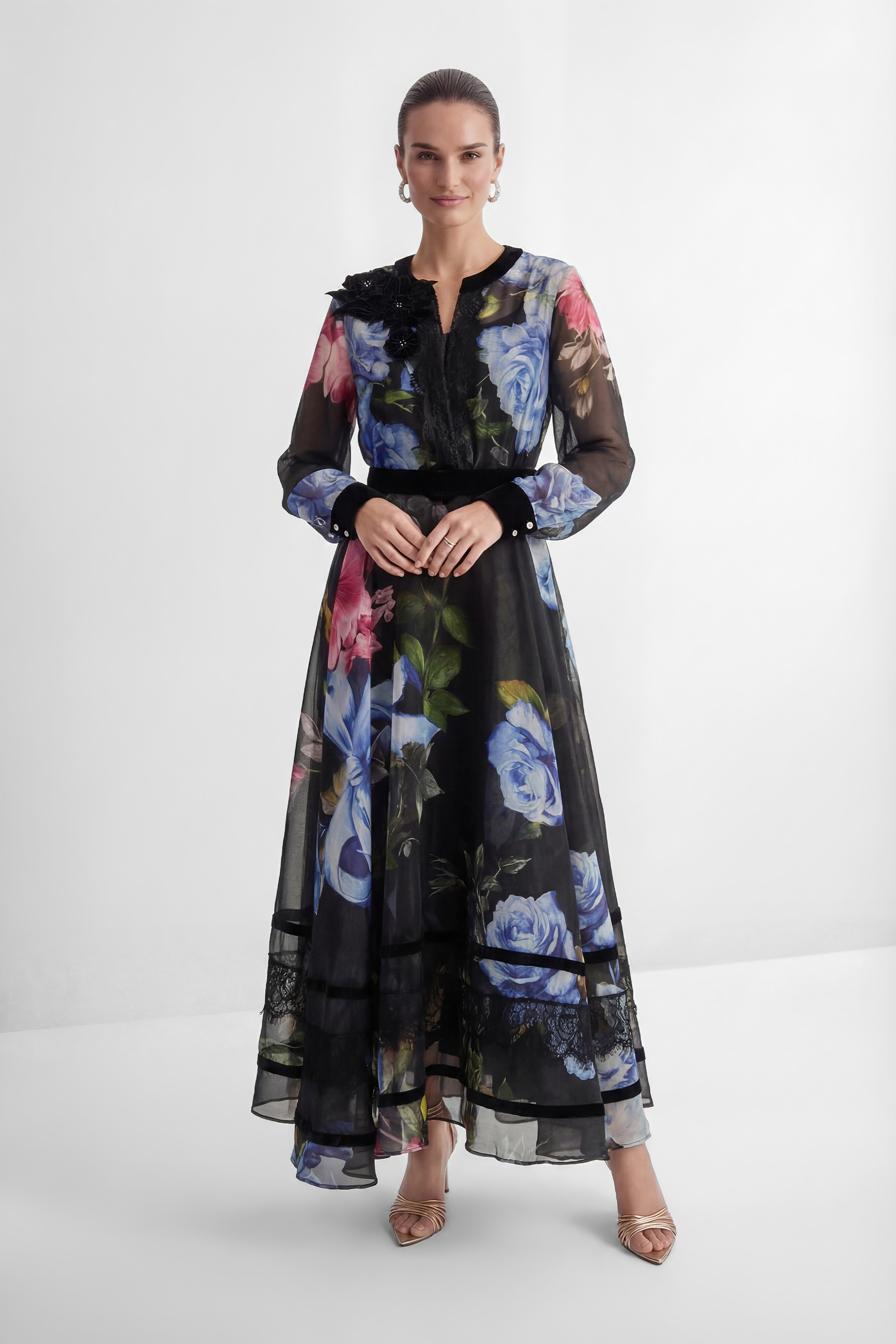 Antique Roses Black Floral Applique Sheer Sleeve Maxi Dress