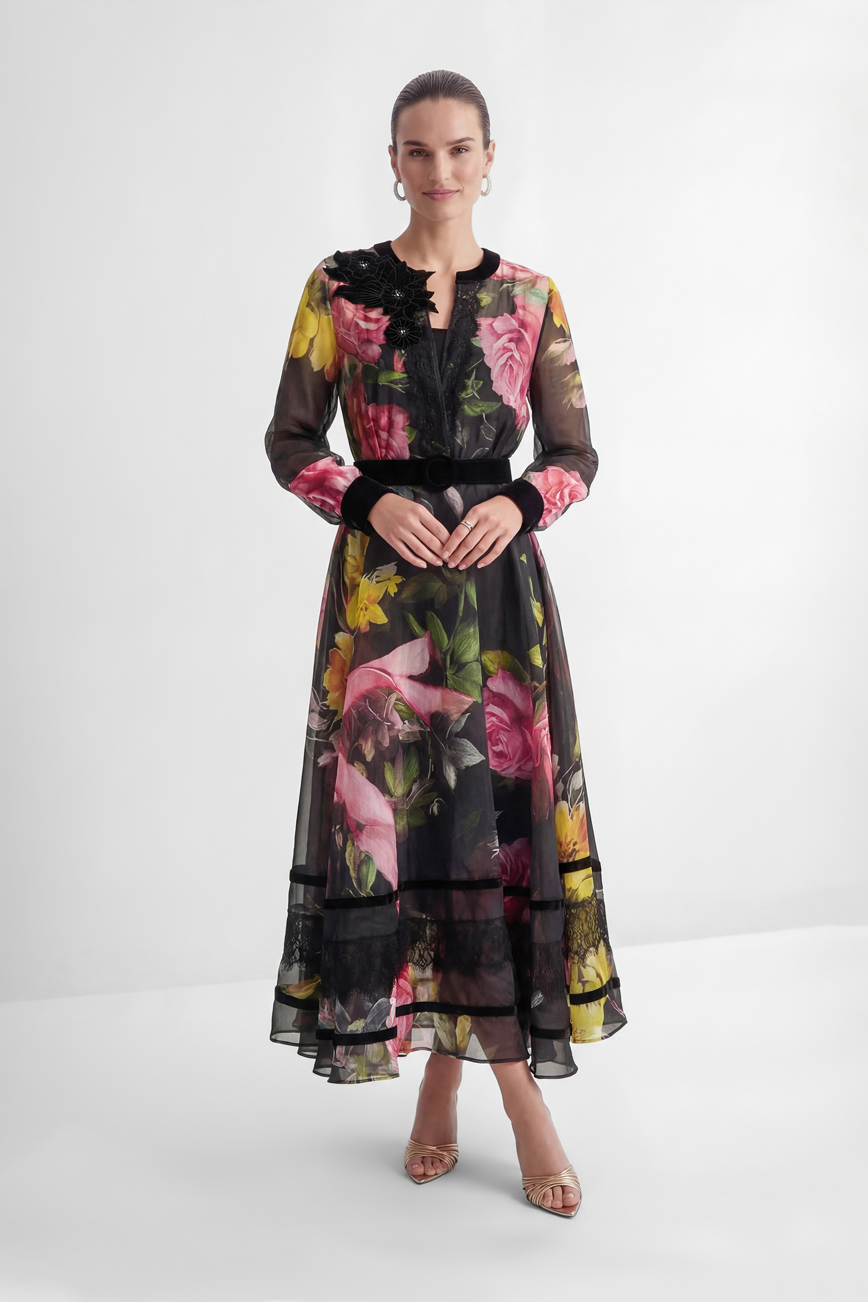 Softly Charming Black Floral Print Velvet Cuff Maxi Dress