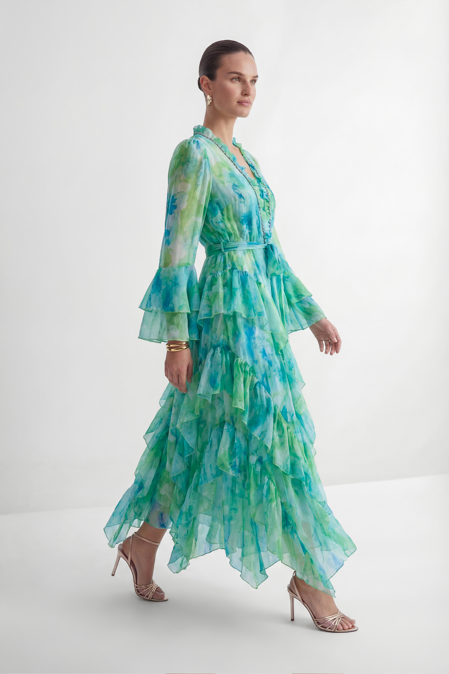 Vibes On Point Mint Green Abstract Print Tiered Ruffle Maxi Dress
