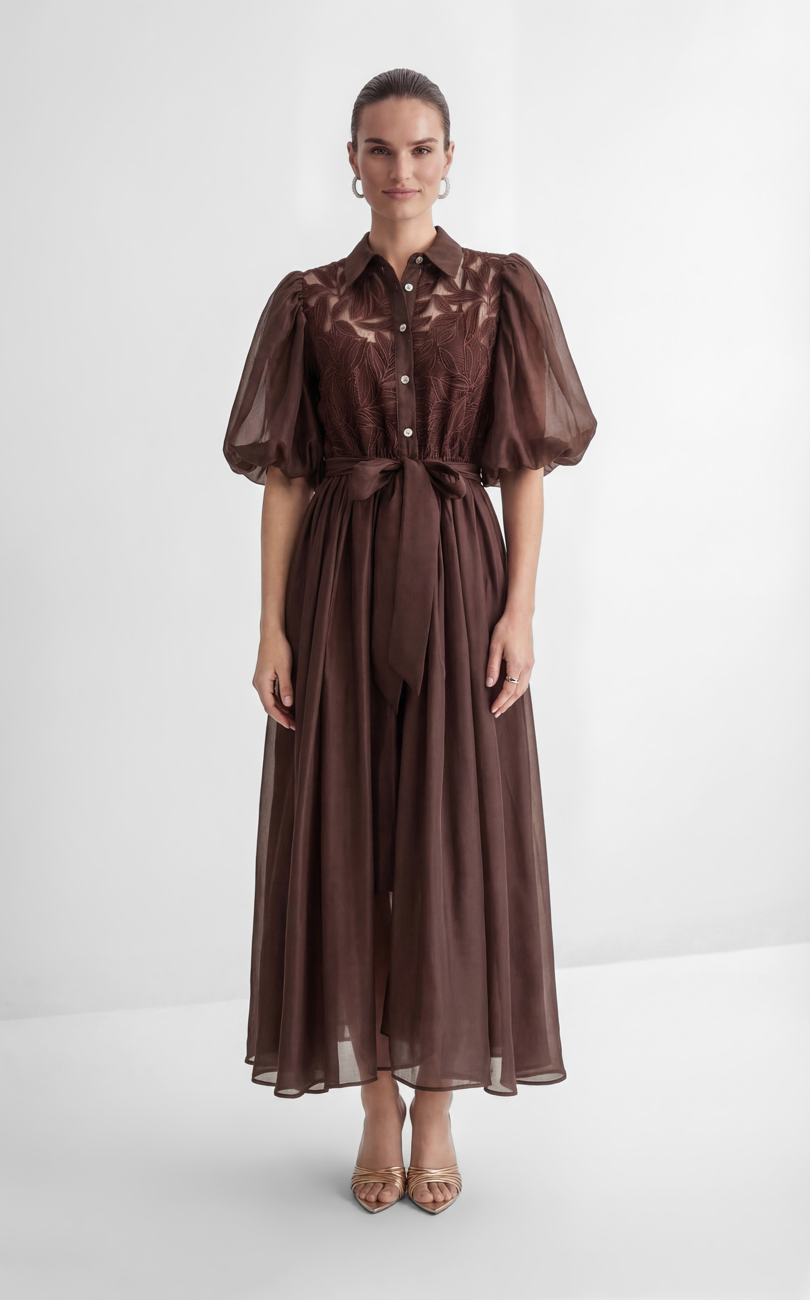 Breezy Wanderings Brown Leaf Embroidered Puff Sleeve Maxi Dress
