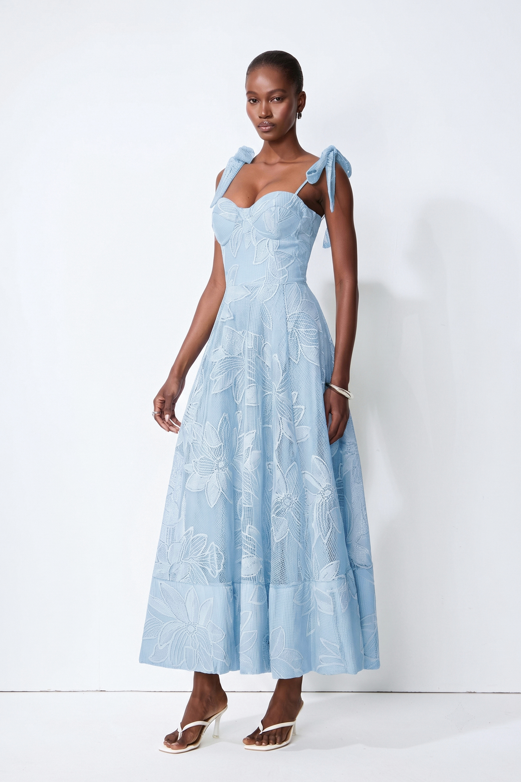 Spring Romance Blue Floral Lace Bow Strap Maxi Dress