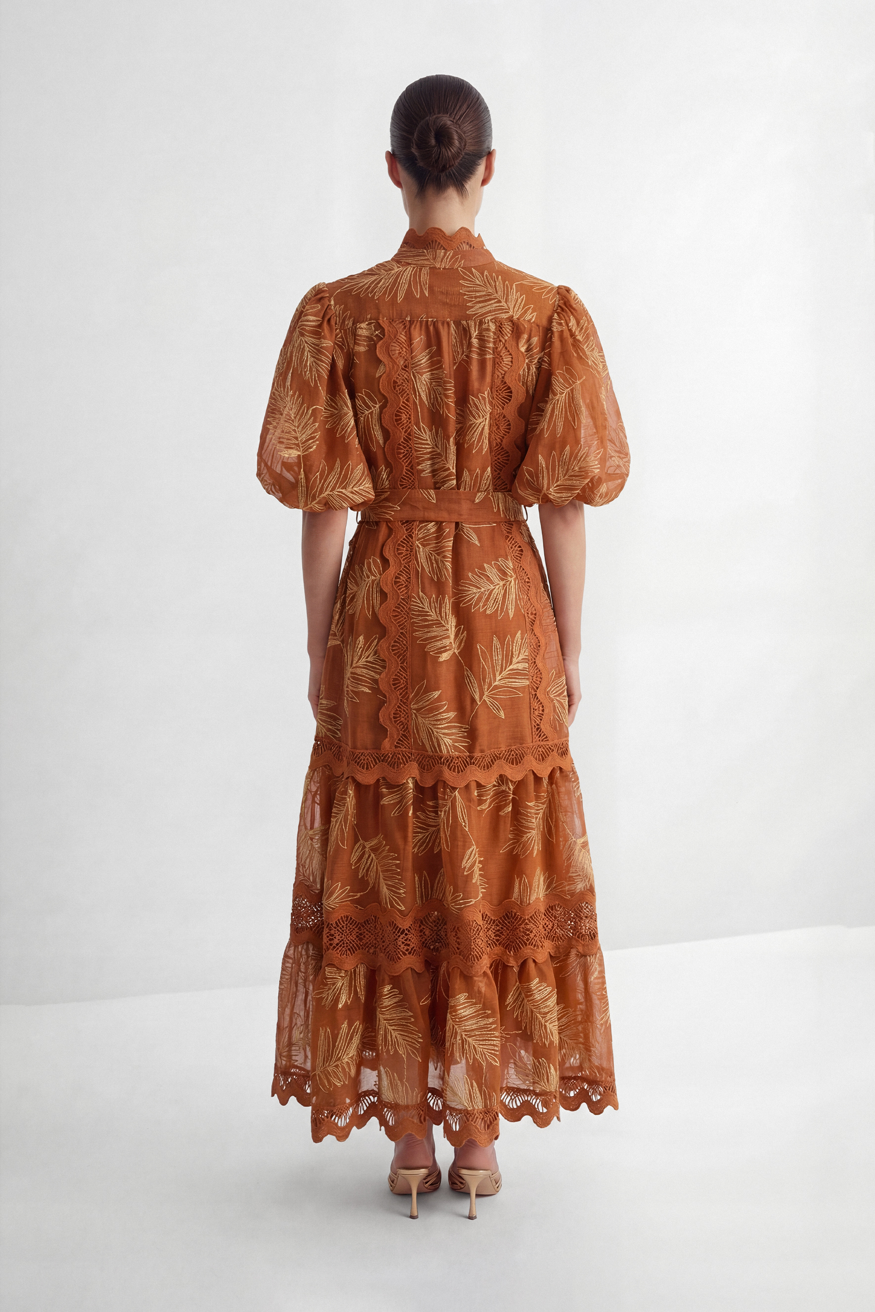 Secret Rendezvous Brown Leaf Embroidered Tiered Maxi Dress