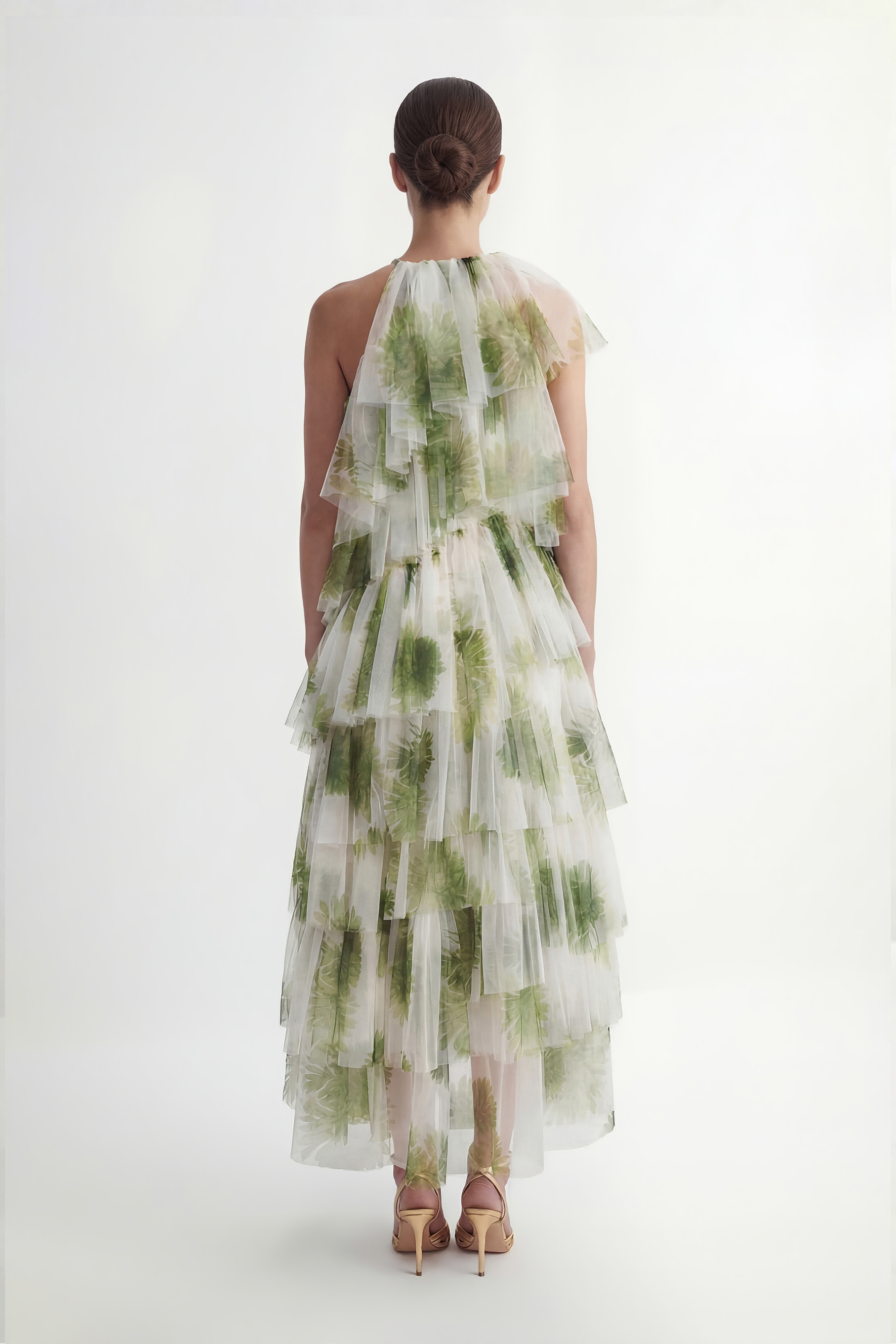 Garden Romance Green Leaf Print Tiered Tulle Maxi Dress