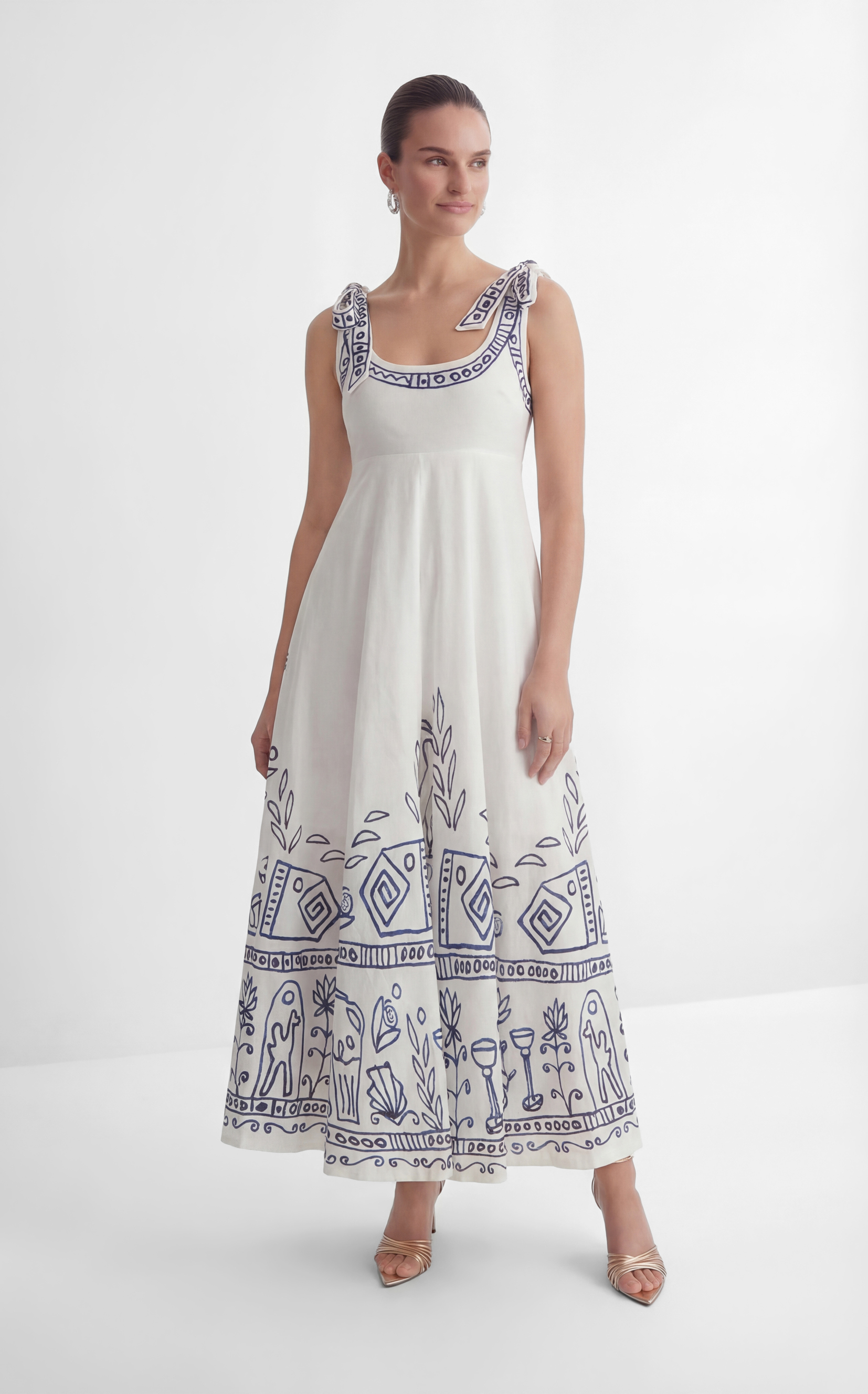 Garden Explorer White Printed Bow Strap Maxi Dress