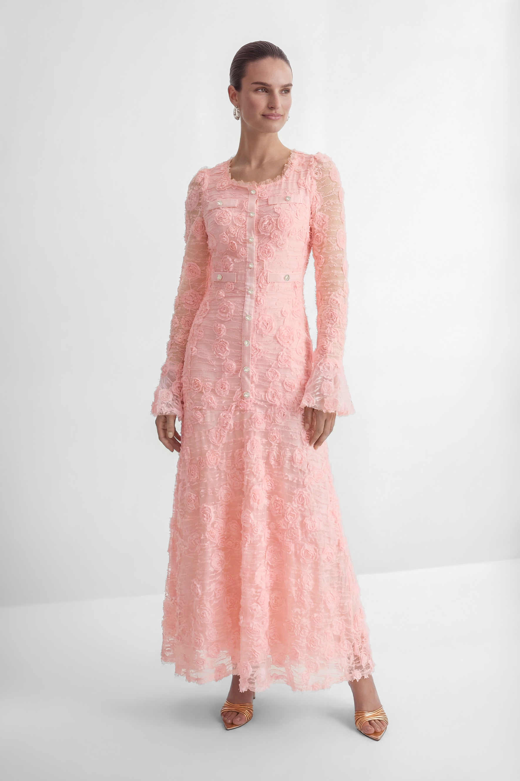 Grace and Beauty Pink Rose Applique Maxi Dress