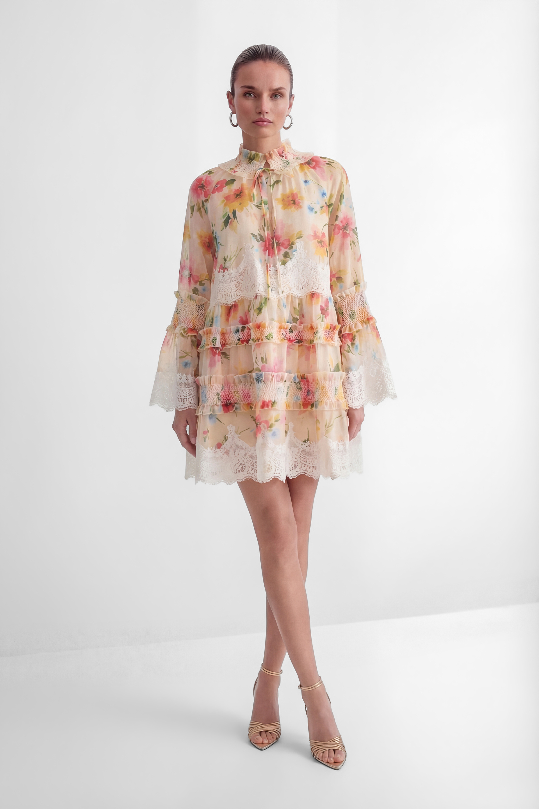 Soft Embrace Multi Floral Print Lace Trim Mini Dress