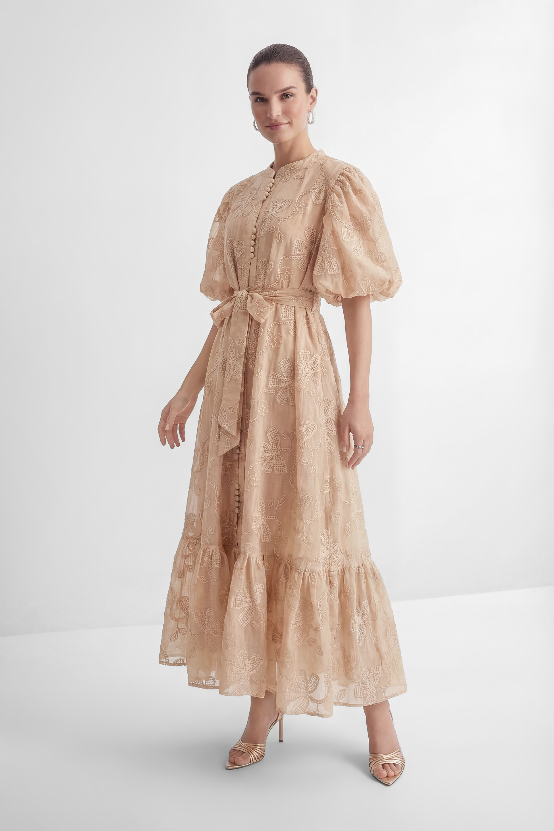 Always Remarkable Beige Floral Embroidery Puff Sleeve Maxi Dress