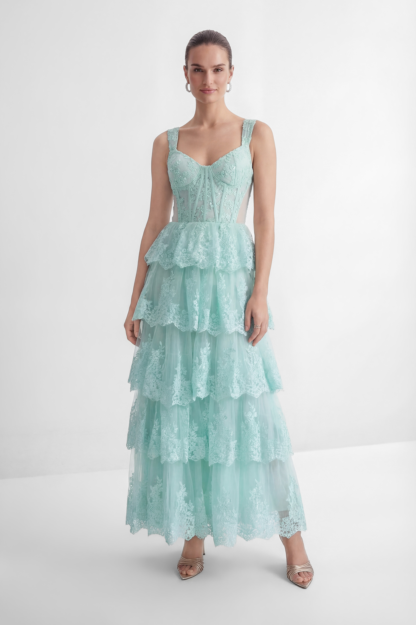 Sweetest Behavior Mint Green Lace Tiered Corset Maxi Dress