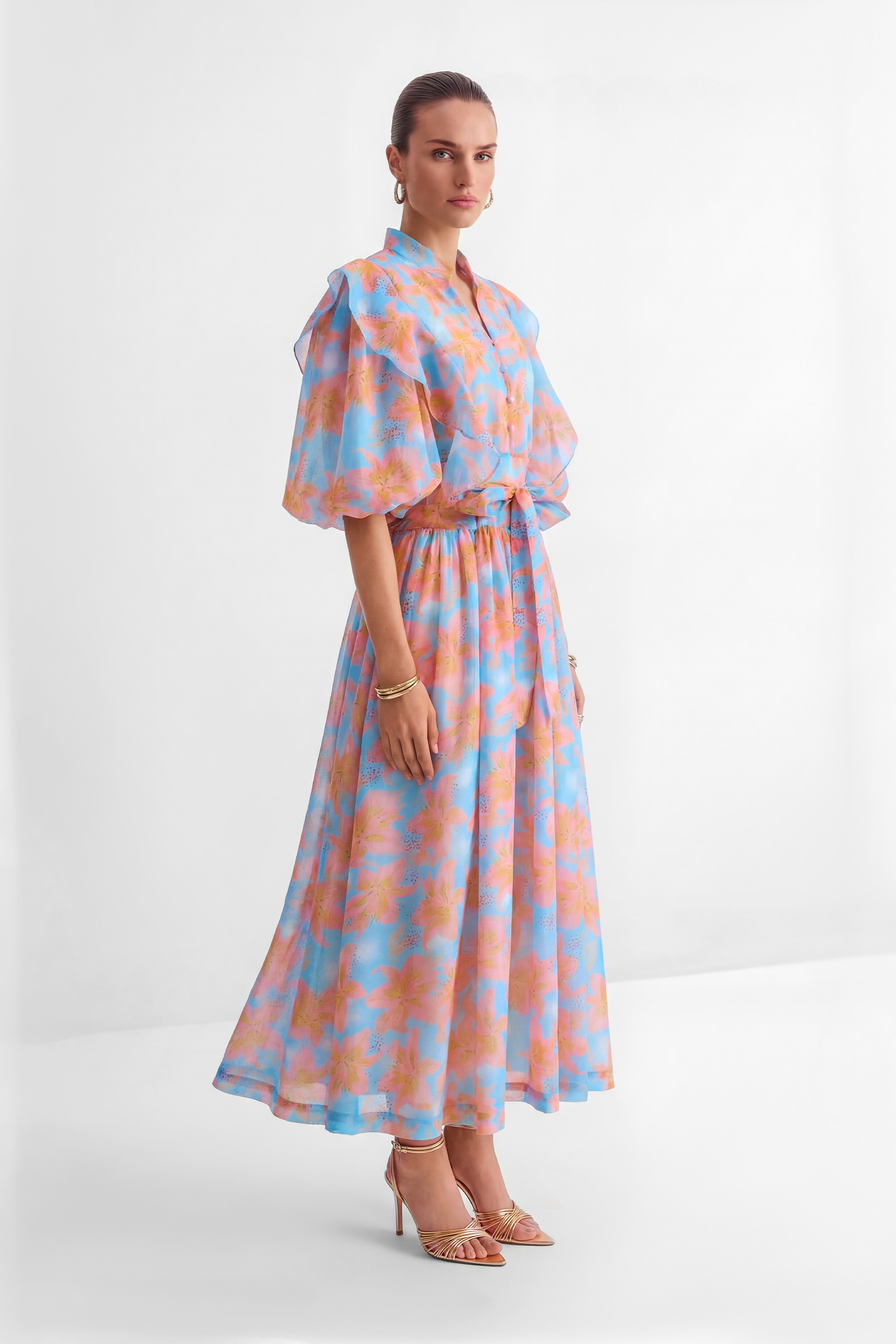 Every Sunny Moment Blue Floral Print Ruffled Maxi Dress