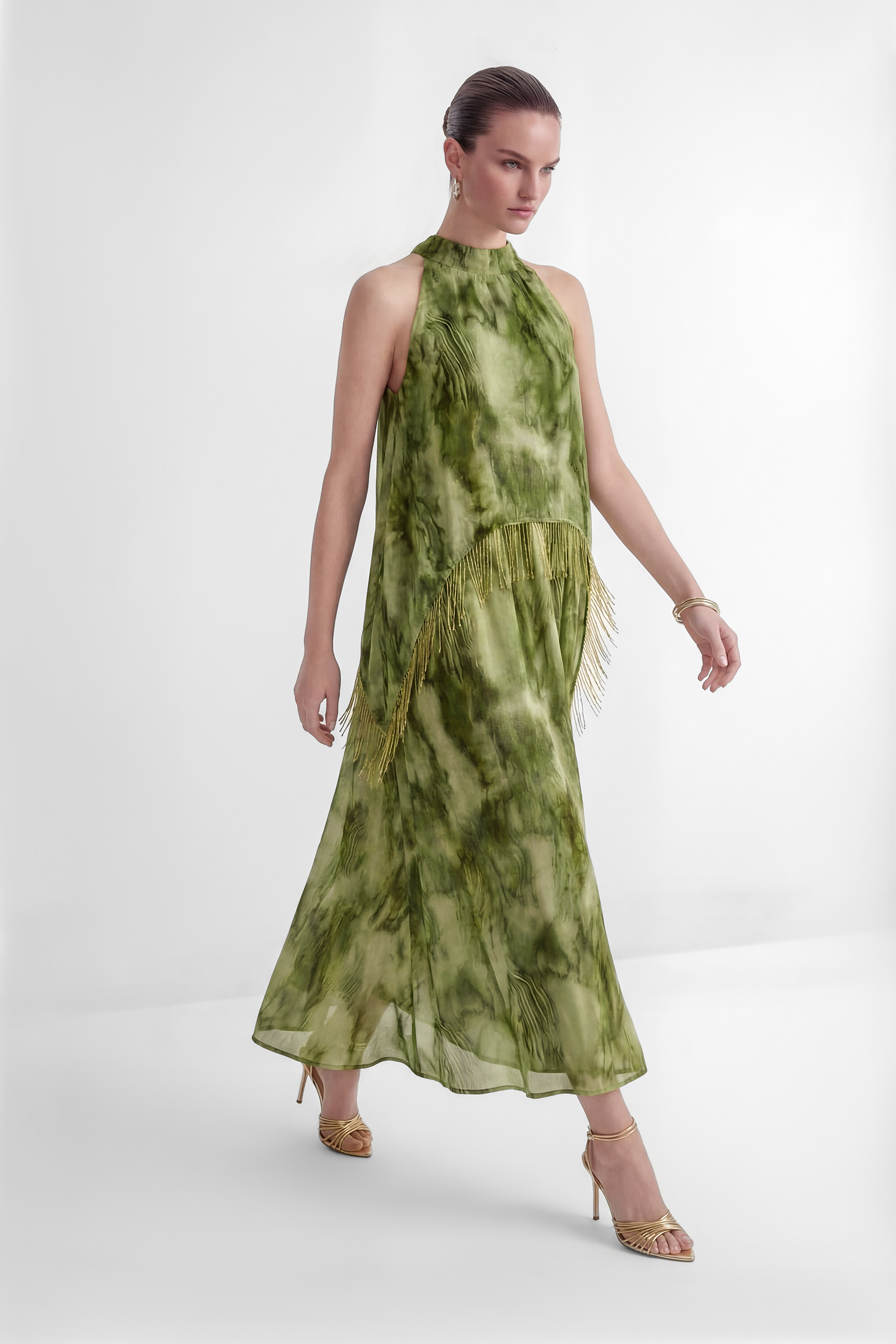Pure Reverie Green Halter Neck Fringe Maxi Dress