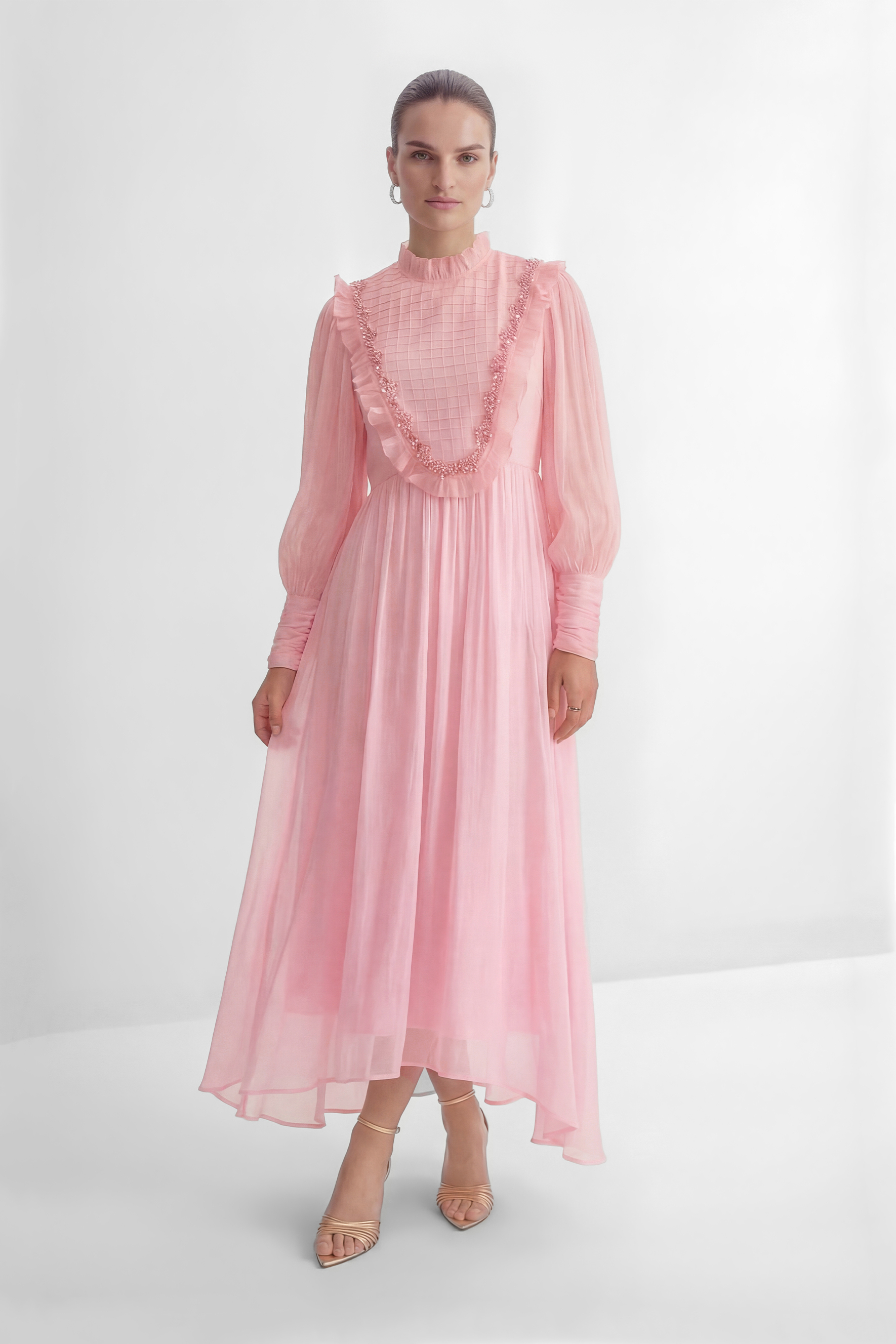 Wanna Know Your Name Pink Beaded Ruffle Trim Maxi Dress