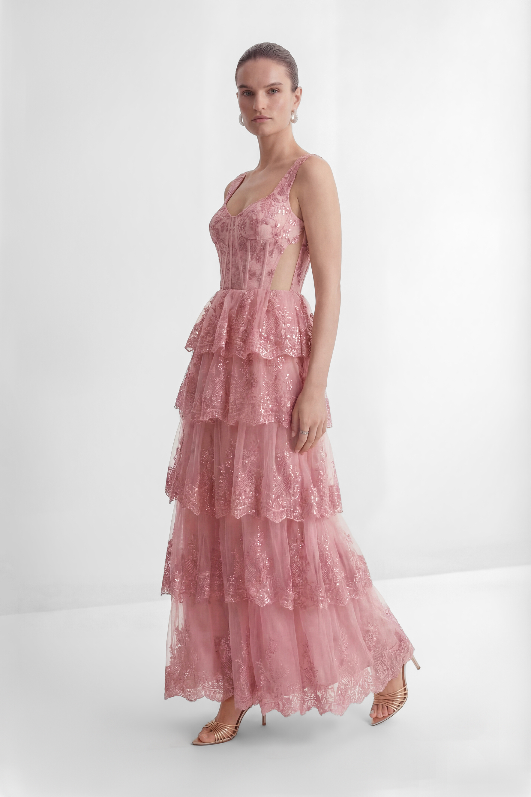 Close To Your Heart Pink Lace Corset Tiered Maxi Dress