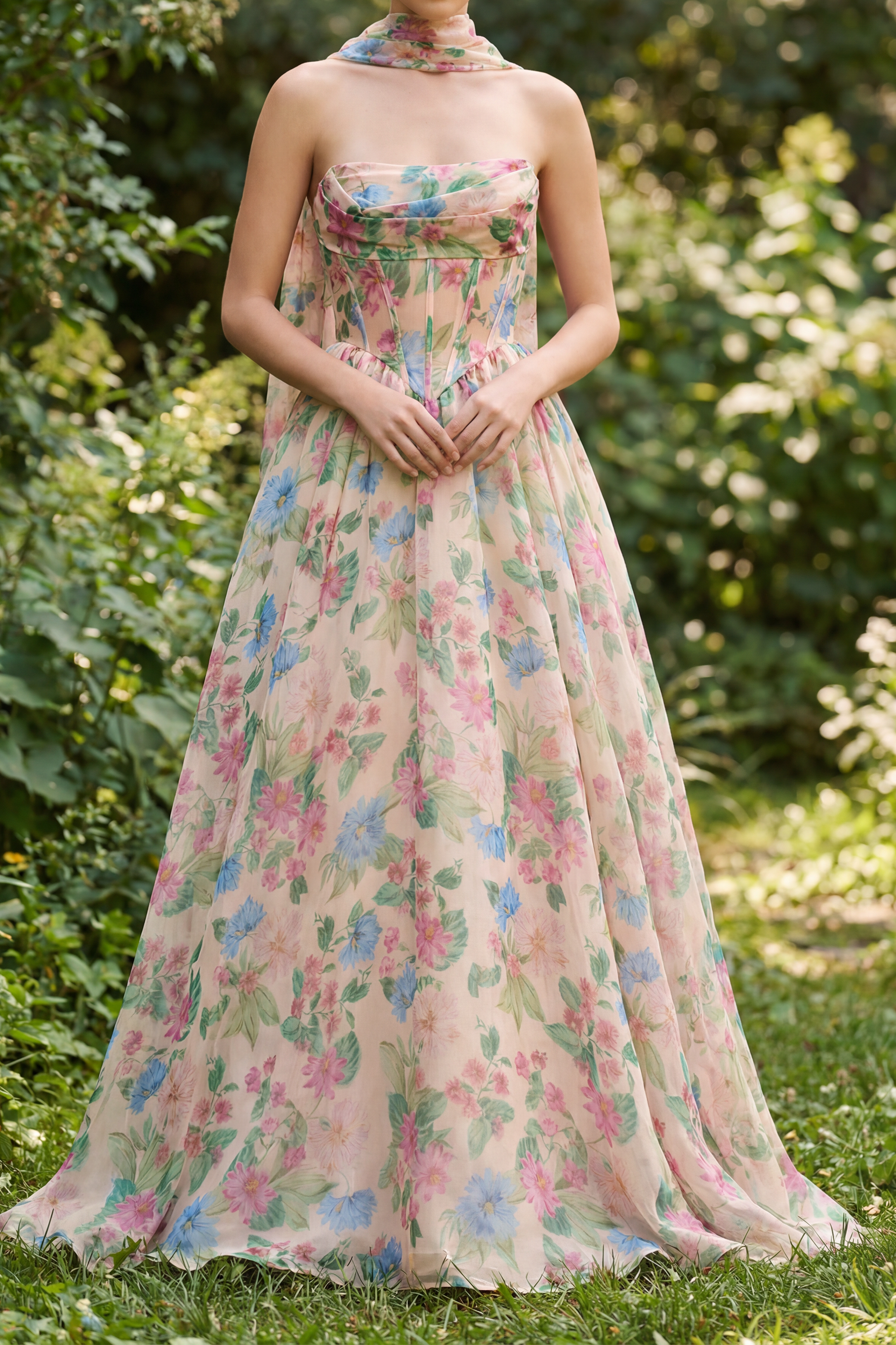 Most Beautiful Day Multi Floral Print Corset Maxi Dress