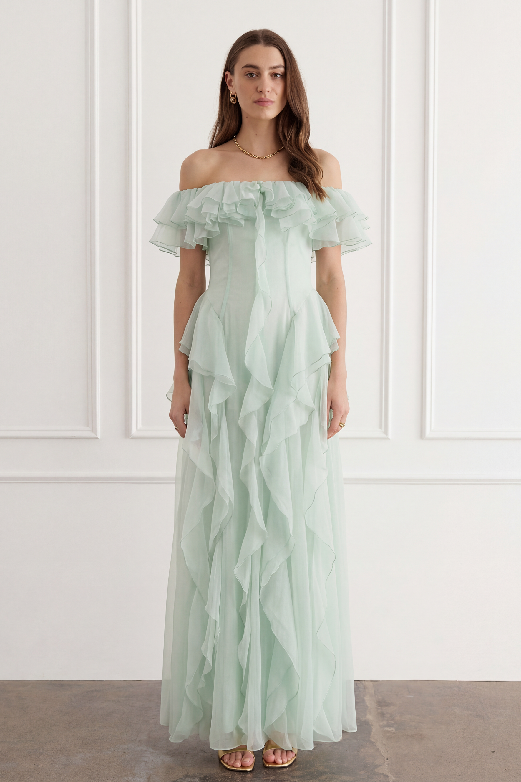 Every Love Song Green Off-The-Shoulder Ruffle Maxi Dress