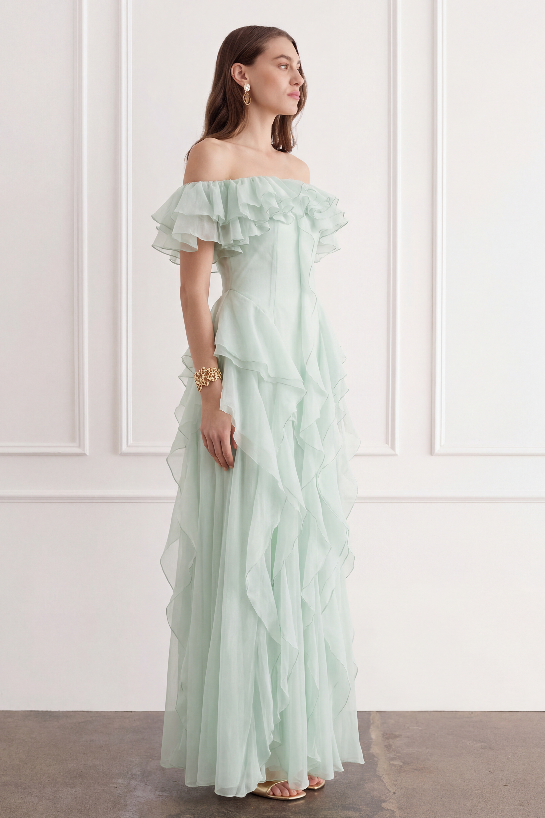 Every Love Song Green Off-The-Shoulder Ruffle Maxi Dress