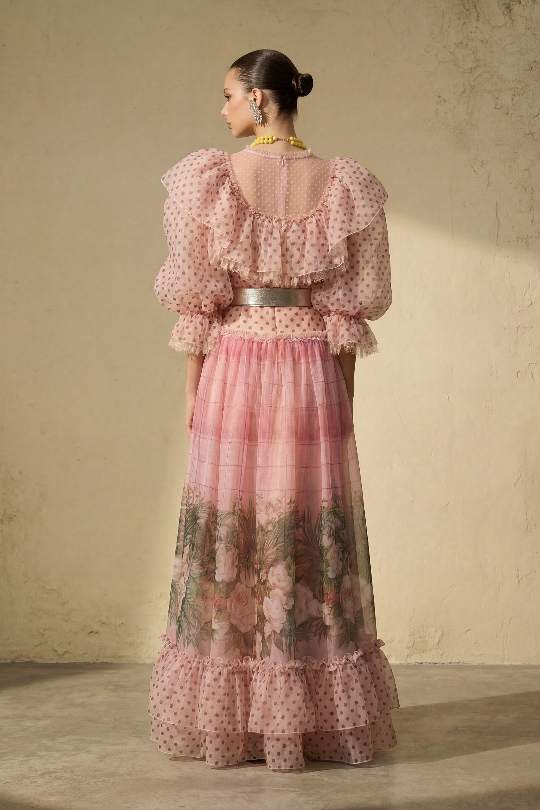 Modern Art Pink Polka Dot Floral Print Maxi Dress