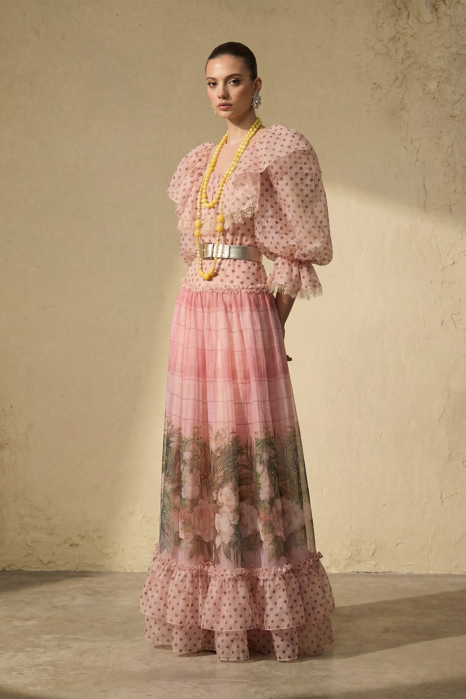 Modern Art Pink Polka Dot Floral Print Maxi Dress