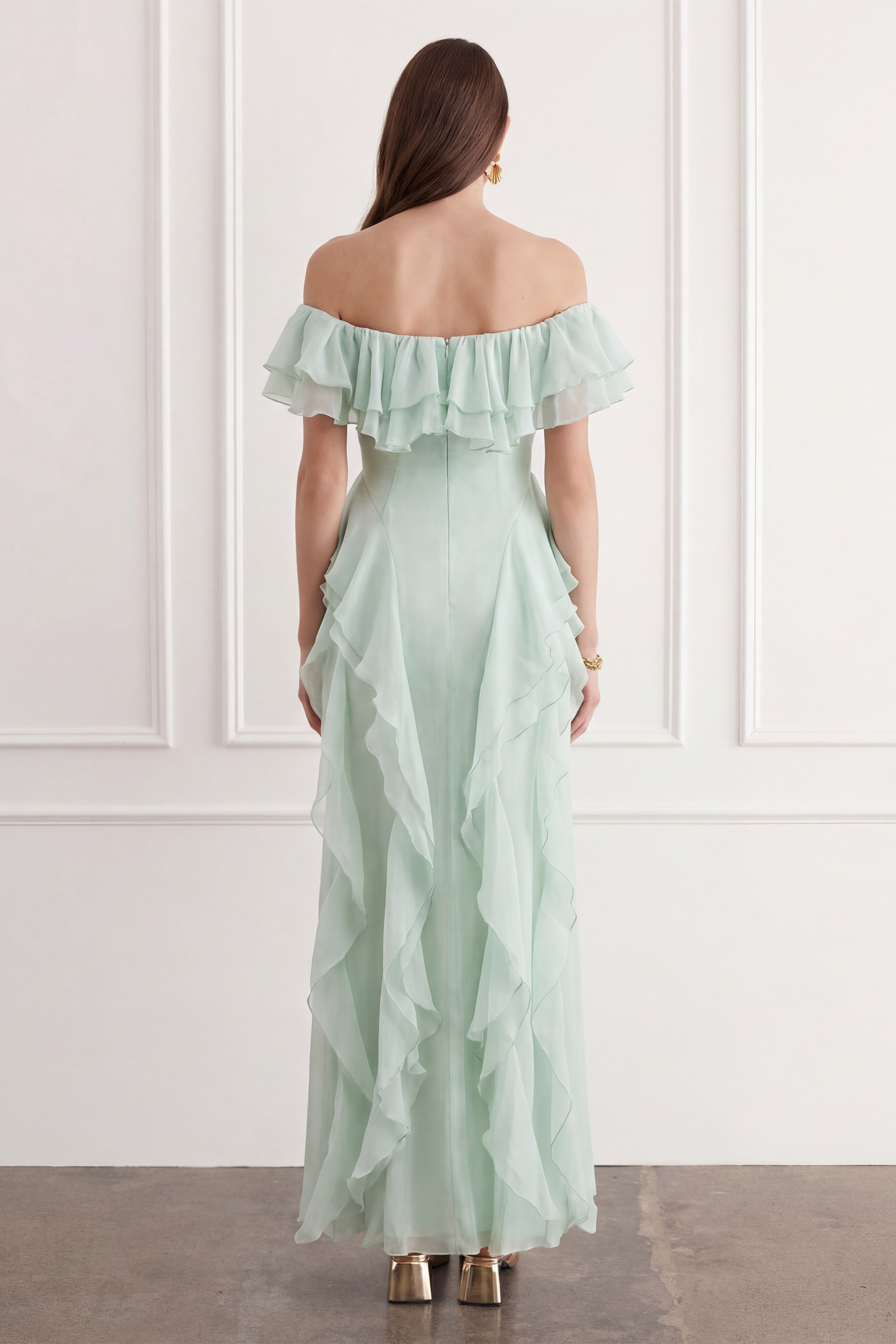 Every Love Song Green Off-The-Shoulder Ruffle Maxi Dress